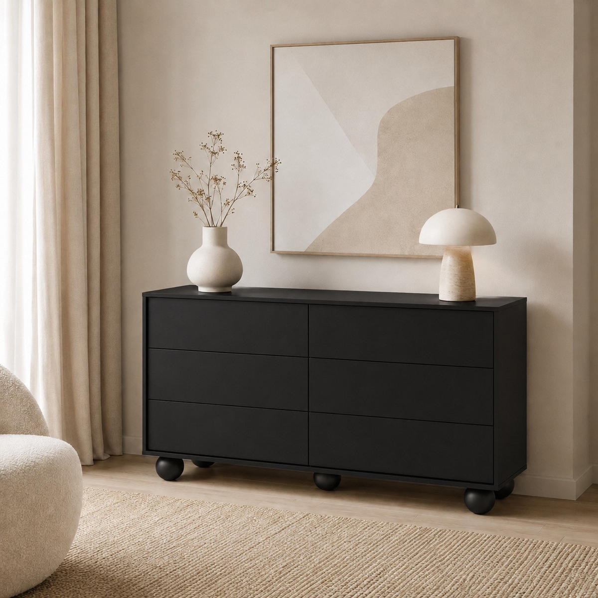 KOMODA Adel se 6 zásuvkami a kulatými nožkami, 154 cm, bezúchytková, černá - černá, kompozitní dřevo (154/81/38cm) - Beautysofa
