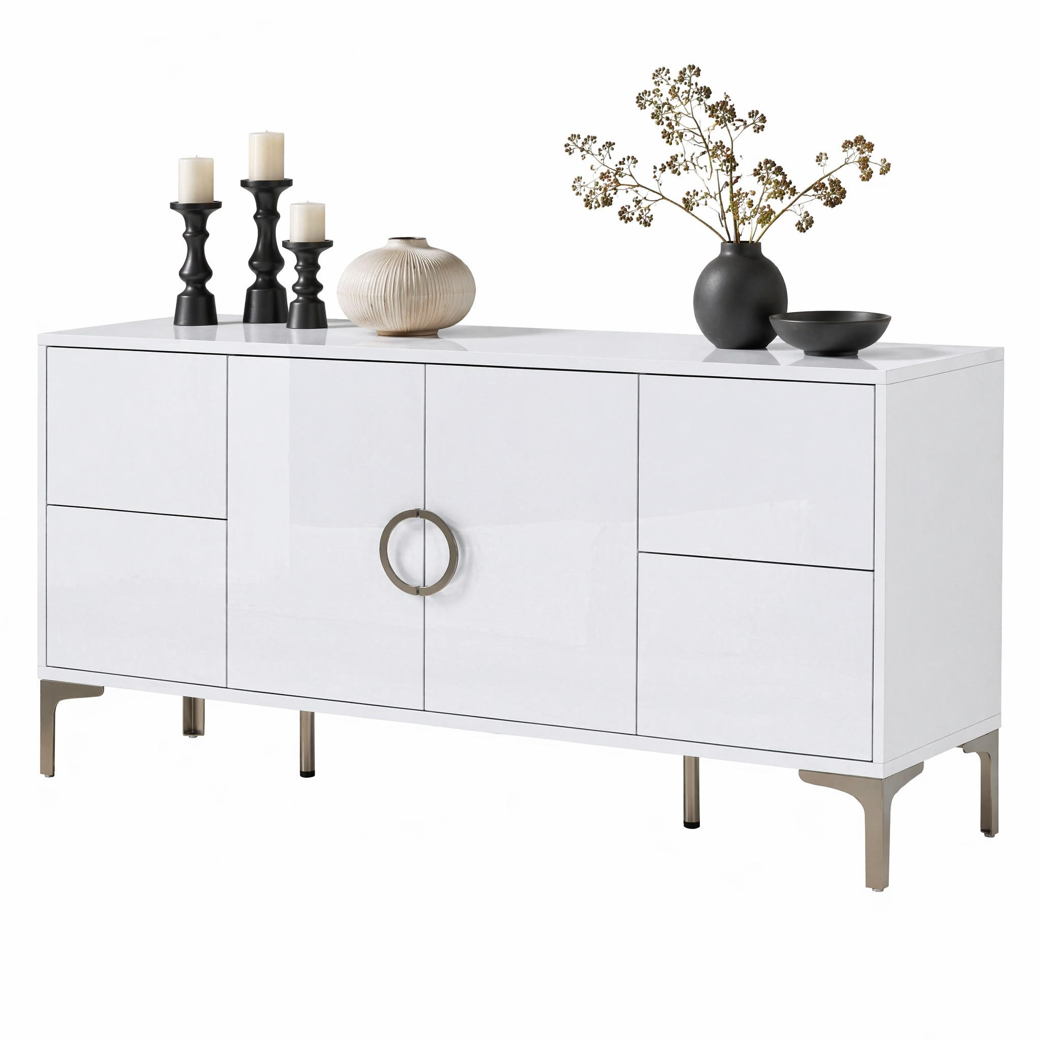 SIDEBOARD in Weiß Anrichte mit 4 Schubladen, 2 Türen, Hochglanz MDF, Metallfüße, B150/T38/H59.5cm - Silberfarben/Weiß, Holzwerkstoff/Metall (150/59.5/38cm) - STILVORA