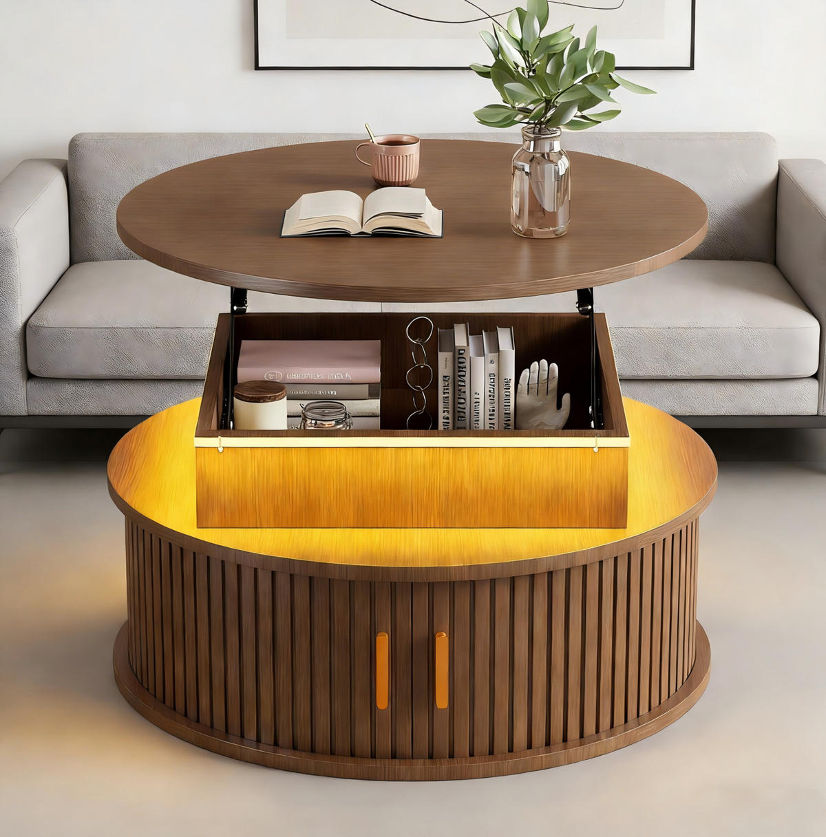 COUCHTISCH 75/75/52 cm höhenverstellbar mit LED-Beleuchtung, Rollladentüren und Stauraum, Walnussfarben - Nussbaumfarben, Holzwerkstoff (75/75/52cm) - Modfu