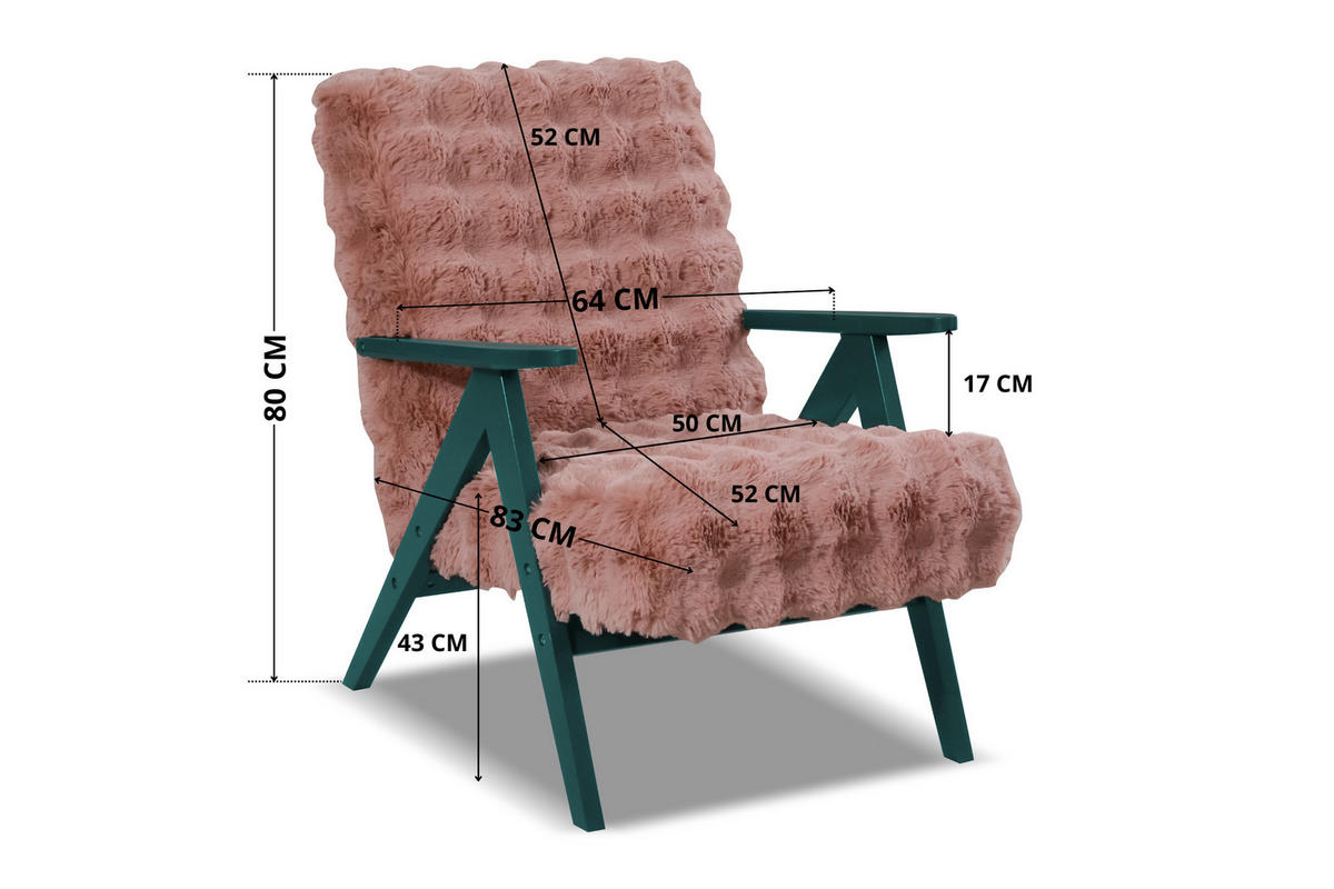 SESSEL Capri Altrosa Bouclé - Grüne Füße - 64x80x83 cm - Smaragdgrün/Pink, Holz/Holzwerkstoff (64/80/83cm) - Ravio