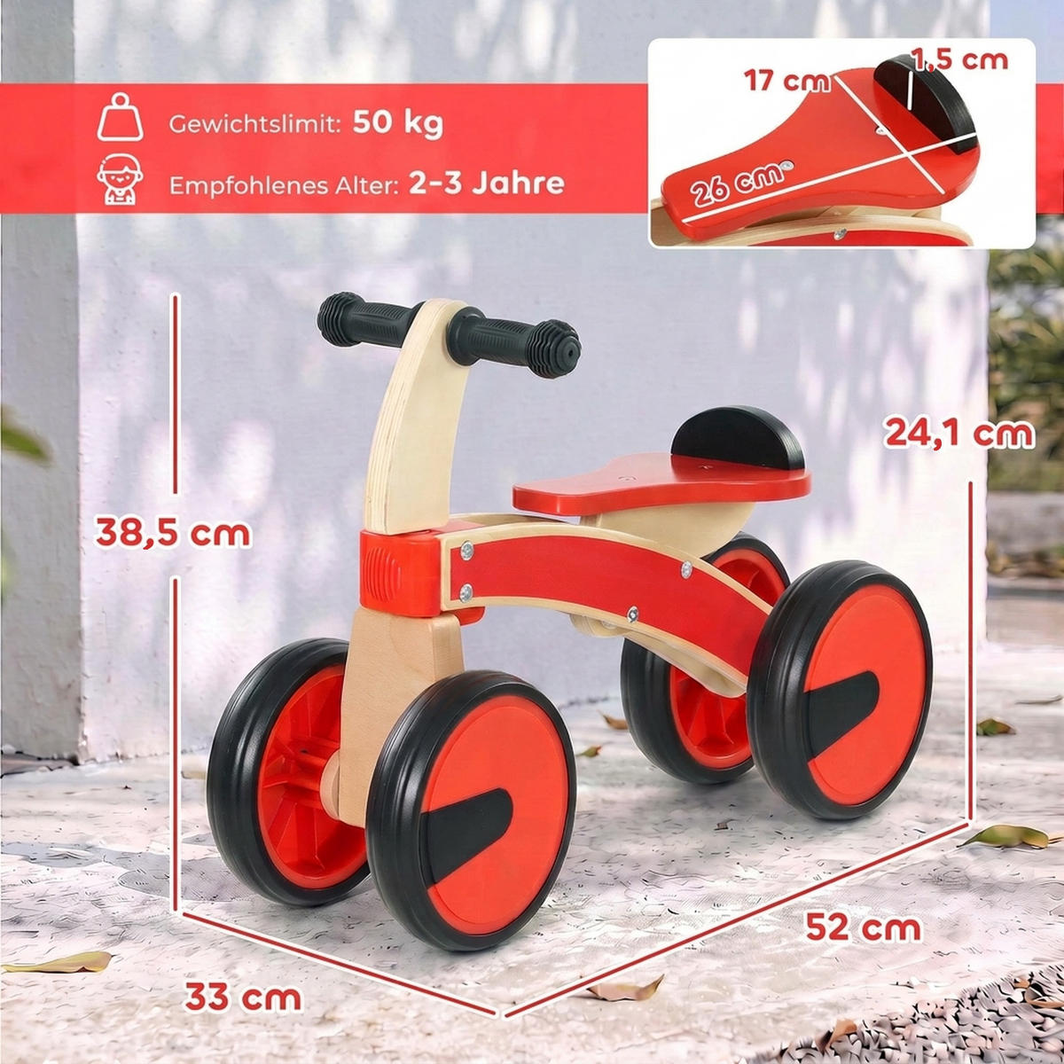 KINDER-RUTSCHAUTO Buchenholz Sperrholz Rot - Rot, Holz (52/33/38.5cm) - AIYAPLAY