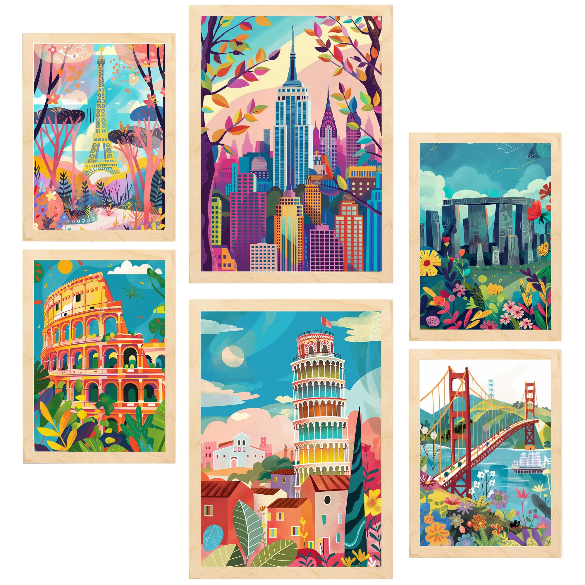 POSTER Set Mit 6 Von Mary Blair Inspirierte Eiffel Kolosseum Pisa Golgentor Stonehenge Empire State A3 & A4 Rahmen Aus Hellem Holz - Beige, Papier (29/3cm) - Nacnic