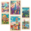 POSTER Set Mit 6 Von Mary Blair Inspirierte Eiffel Kolosseum Pisa Golgentor Stonehenge Empire State A3 & A4 Rahmen Aus Hellem Holz - Beige, Papier (29/3cm) - Nacnic
