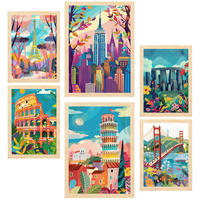 POSTER Set Mit 6 Von Mary Blair Inspirierte Eiffel Kolosseum Pisa Golgentor Stonehenge Empire State A3 & A4 Rahmen Aus Hellem Holz - Beige, Papier (29/3cm) - Nacnic