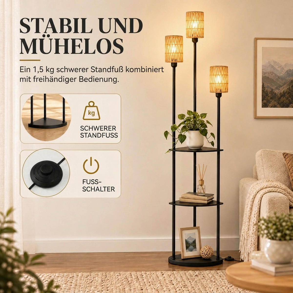 STEHLAMPE MDF Papier Schwarz - Schwarz, Holzwerkstoff (47/36/179cm) - HOMCOM