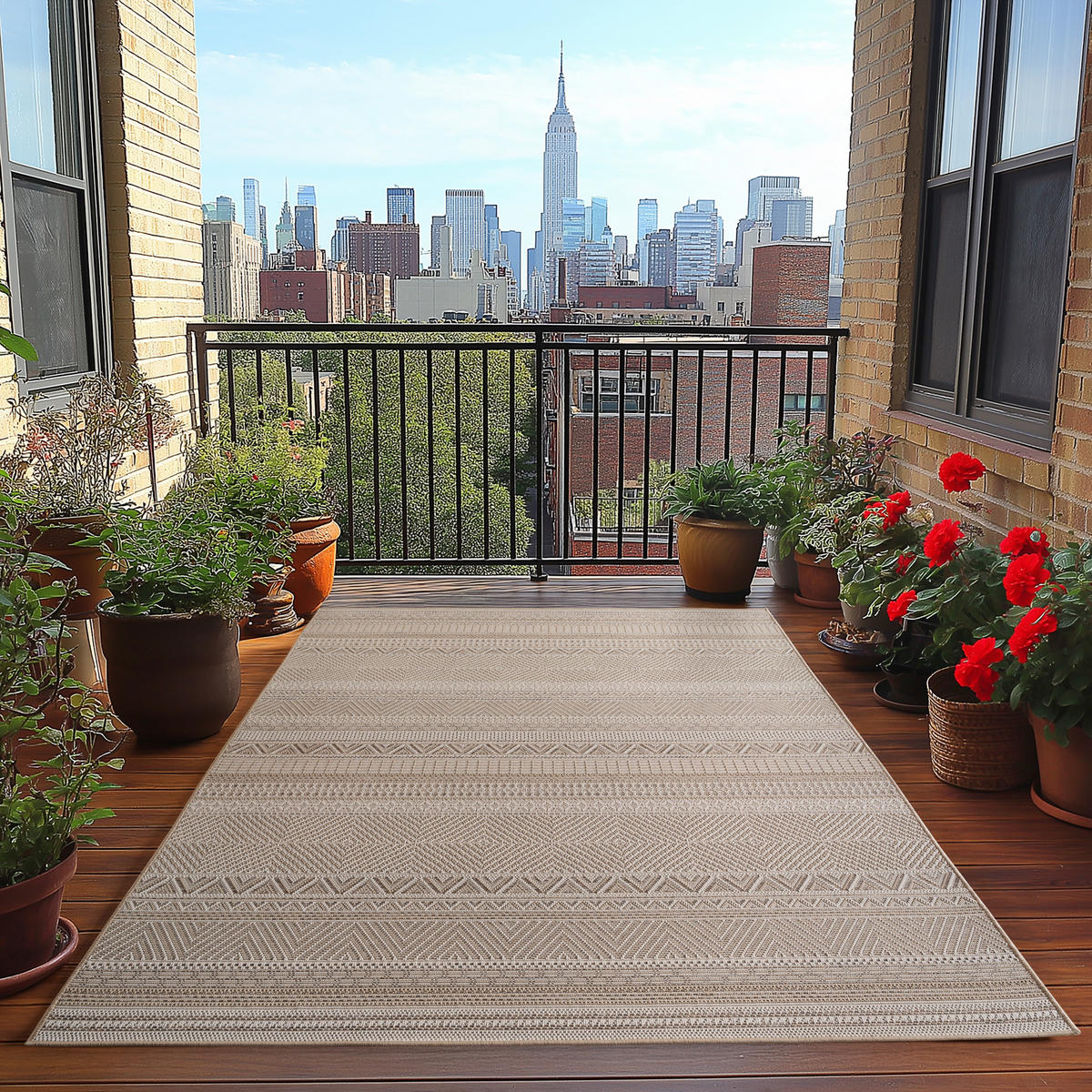 TEPPICH Outdoor Flachgewebe Ethno Muster Polypropylen Balkon Beige Rechteckig 140x200 - Beige, Textil (140/200cm) - KADIMA DESIGN