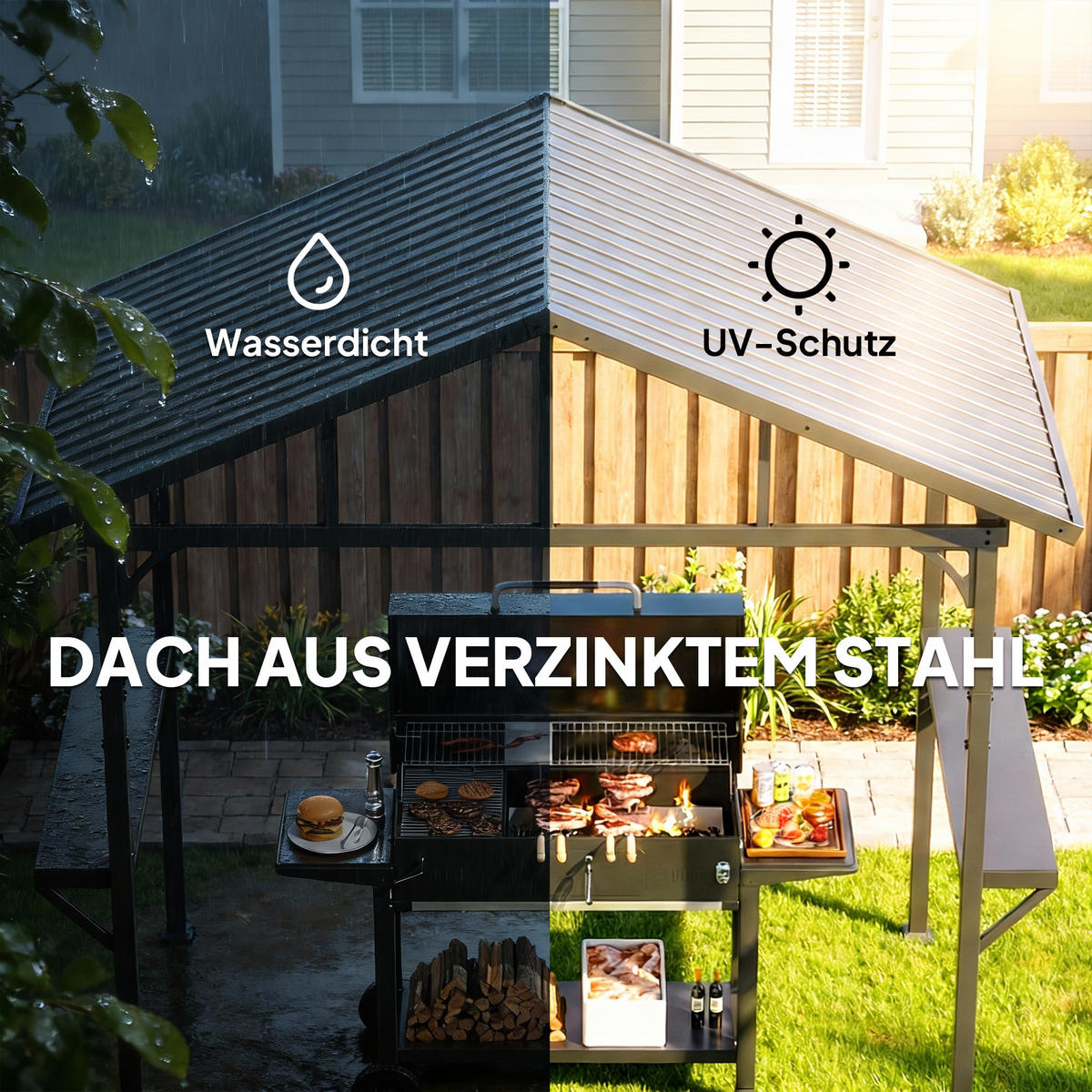 GRILLPAVILLON mit Ablage und Haken Dunkelgrau - Schwarz, Metall (156/248/252cm) - Outsunny