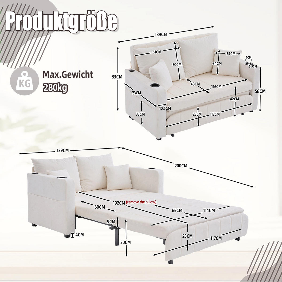 SCHLAFSOFA aus chenille mit bettfunktion, usb-anschluss & becherhaltern - Beige, Textil (139/83/73cm) - Urban Meuble