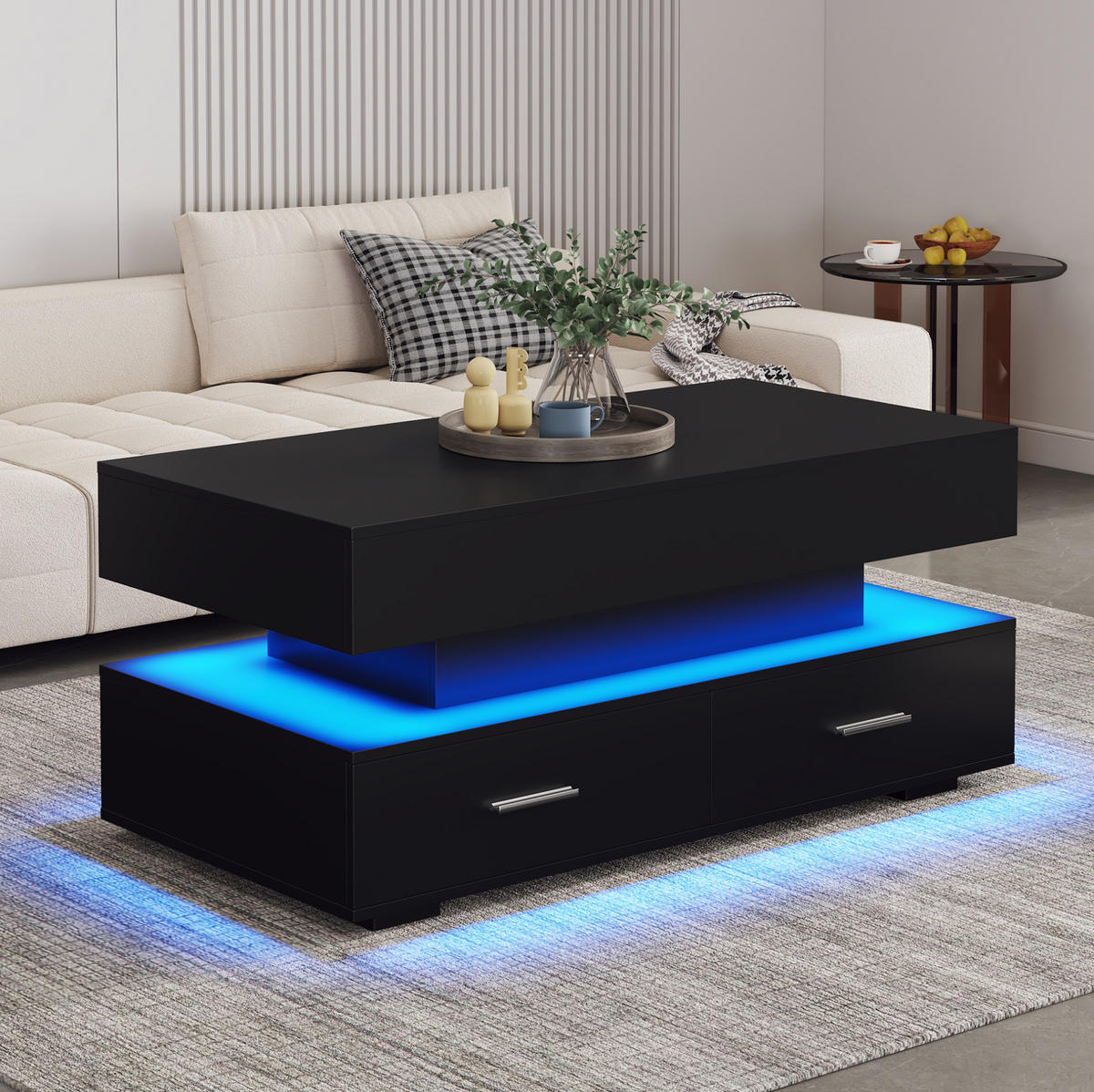 COUCHTISCH höhenverstellbar 100 x 50 x 44 cm Schwarz mit LED und 2 Schubladen - Schwarz, Holzwerkstoff (100/50/44cm) - Meubliv