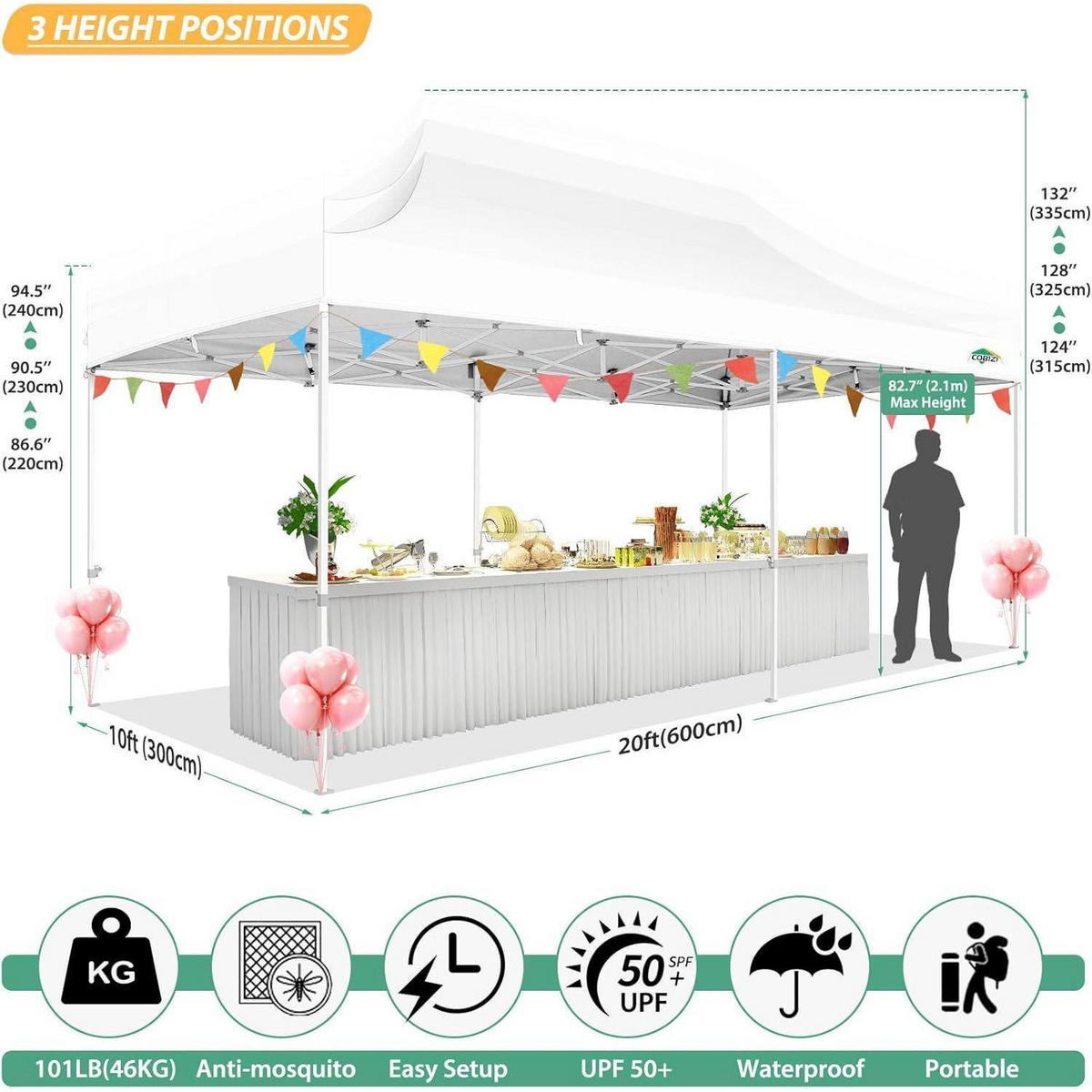 FALTPAVILLON 3x6m Wasserdicht mit 6 Mesh-Seitenwänden Weiß - Weiß, Textil (300/335/600cm)