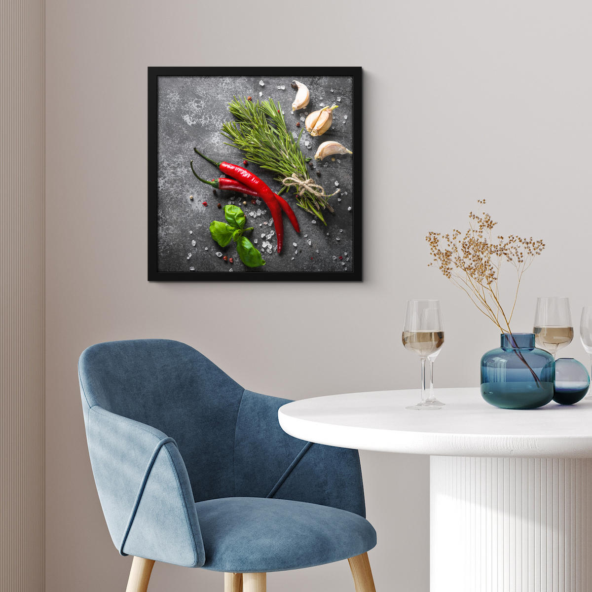 POSTER MIT RAHMEN Pfeffer - Kräuter - Gewürze - Beton 40x40 cm - Dunkelgrau, Papier (40/40cm) - MuchoWow
