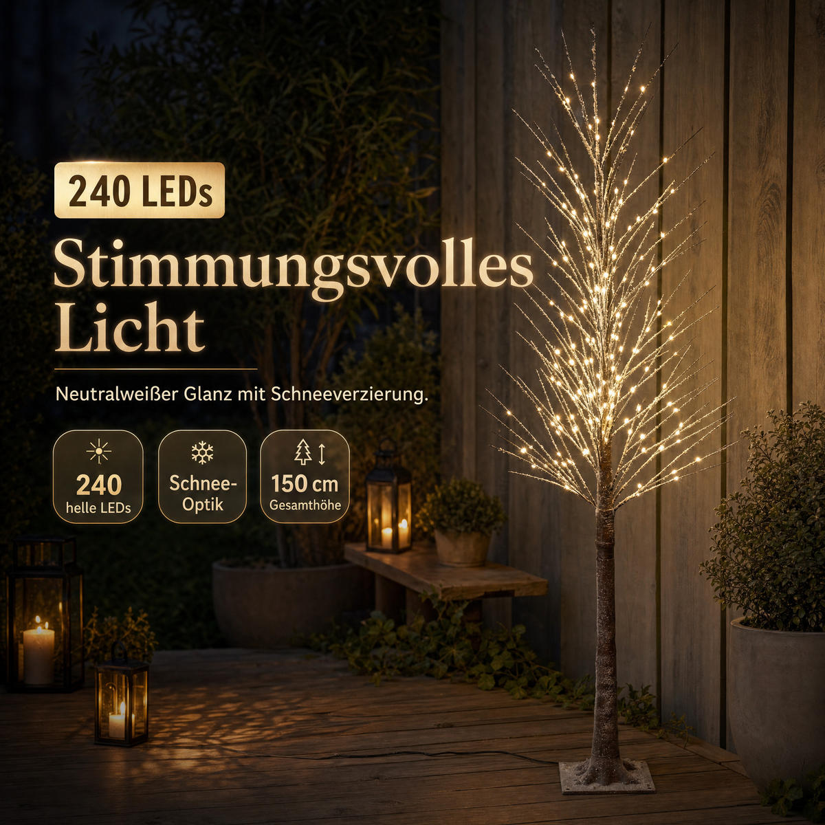LED-BAUM 150 cm mit 240 neutralweißen LEDs und Schneeverzierung für Innen und Außen, 5 Meter Kabel - Weiß, Kunststoff (17/17/150cm) - Northpoint