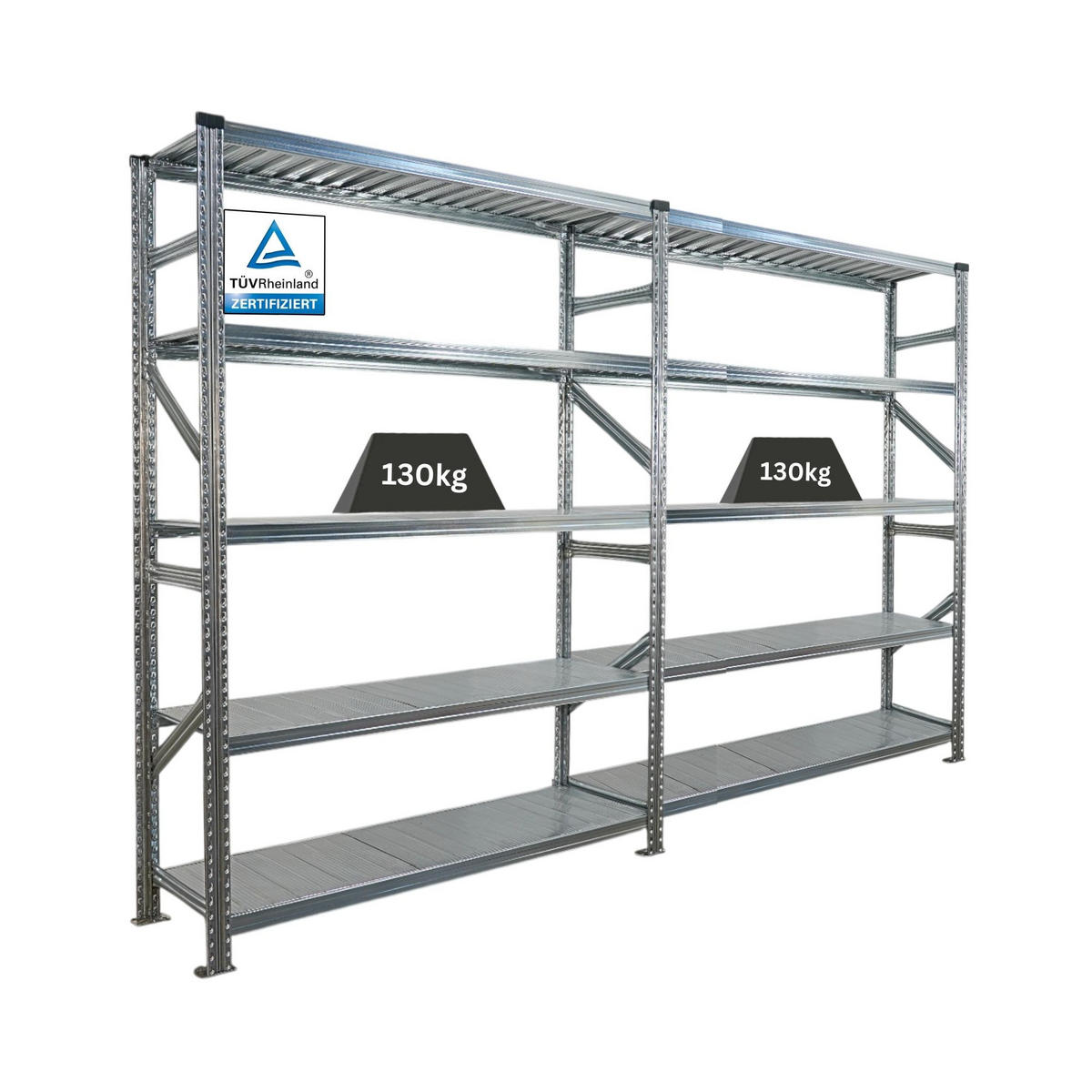 FACHBODENREGAL Proximo Stecksystem 200x300x40cm 5 Ebenen Fachlast 130 kg Beidseitig nutzbar Verzinkt - Silberfarben, Metall (300/200/40cm) - PROREGAL