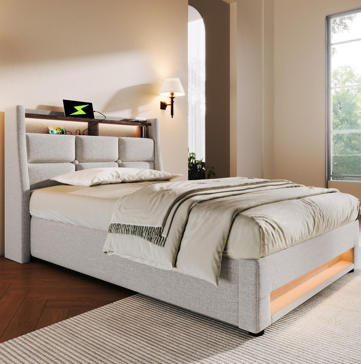 POLSTERBETT mit LED-Beleuchtung 90/200 cm mit Bettkasten, USB und gepolstertem Kopfteil - Beige, Textil (90/200cm) - BEAOK