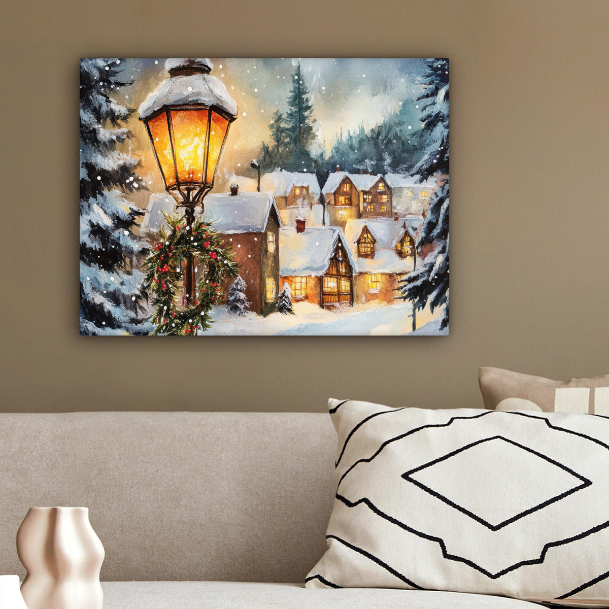 LEINWANDBILD Weihnachtsdorf - Häuser - Schnee - Weihnachten 40x30 cm - Sandfarben, Textil (40/30cm) - MuchoWow