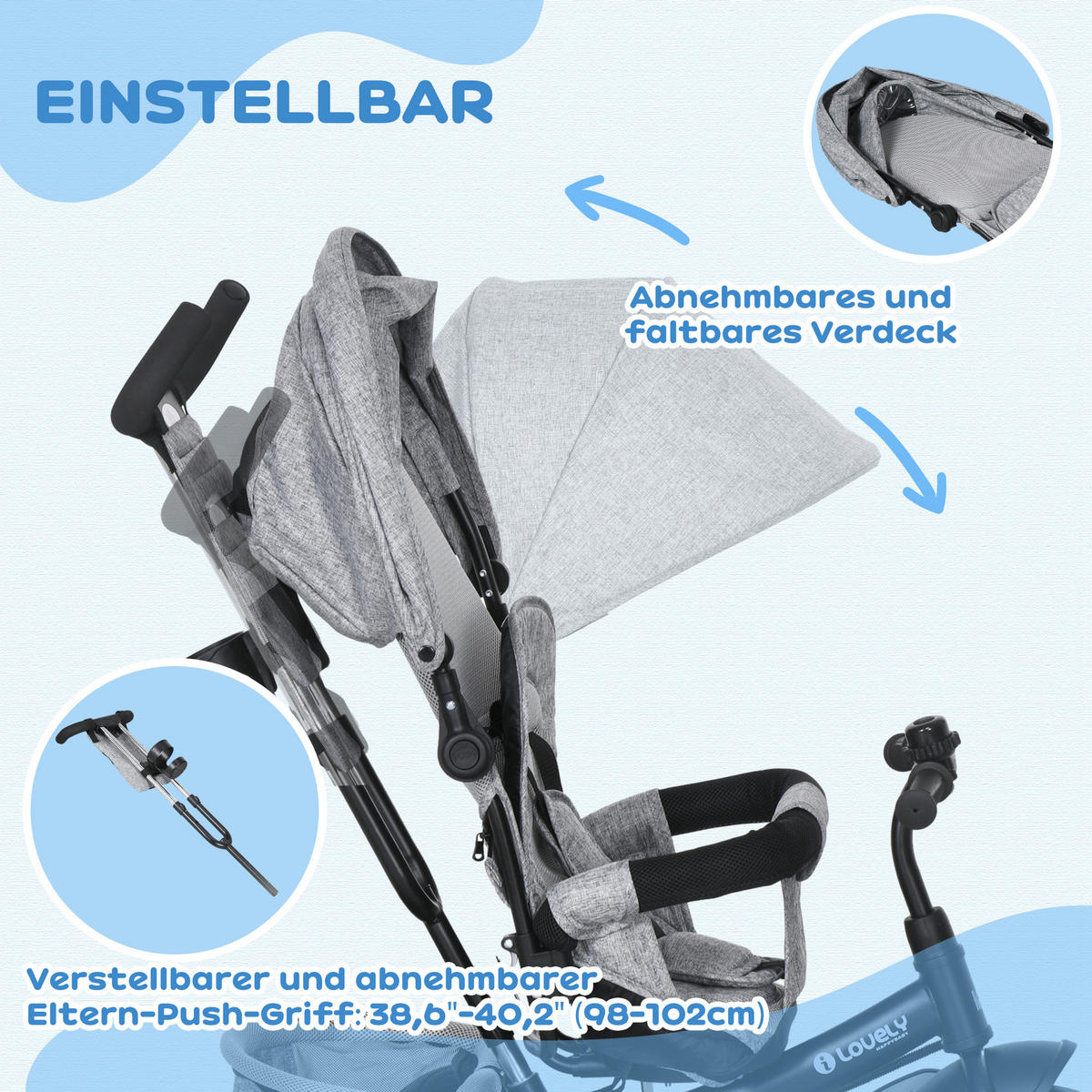 6-IN-1 Dreirad mit Schubstange, Kinderdreirad mit abnehmbarem Sonnendach - Grau, Metall (102/49/102cm) - HOMCOM