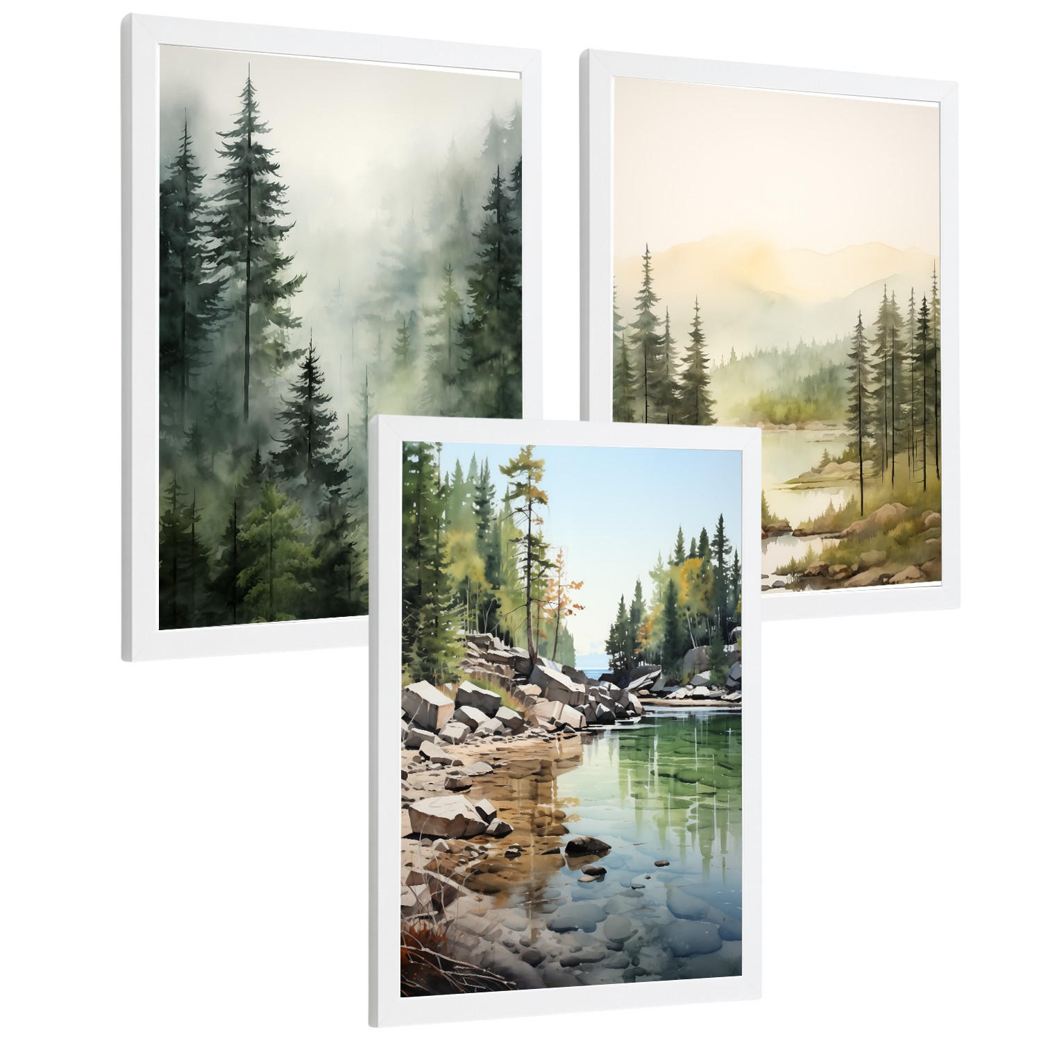 PLAKAT Sada tří dekorativních tisků Nordic Landscape obývací pokoj Obrázky - zelené a hnědé dekorativní plakáty Obývací pokoj A4 bílý rám