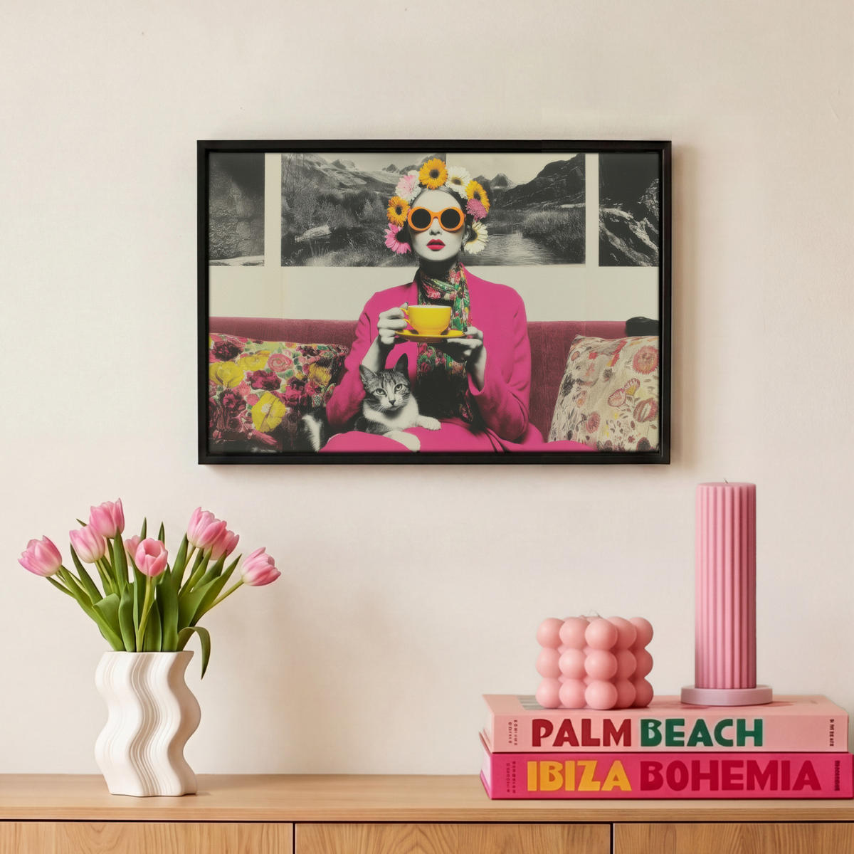LEINWAND Bilder mit Rahmen - Frau - Katze - Blumen - Tasse - Retro - 30x20 - Magenta, Textil (30/20cm) - MuchoWow