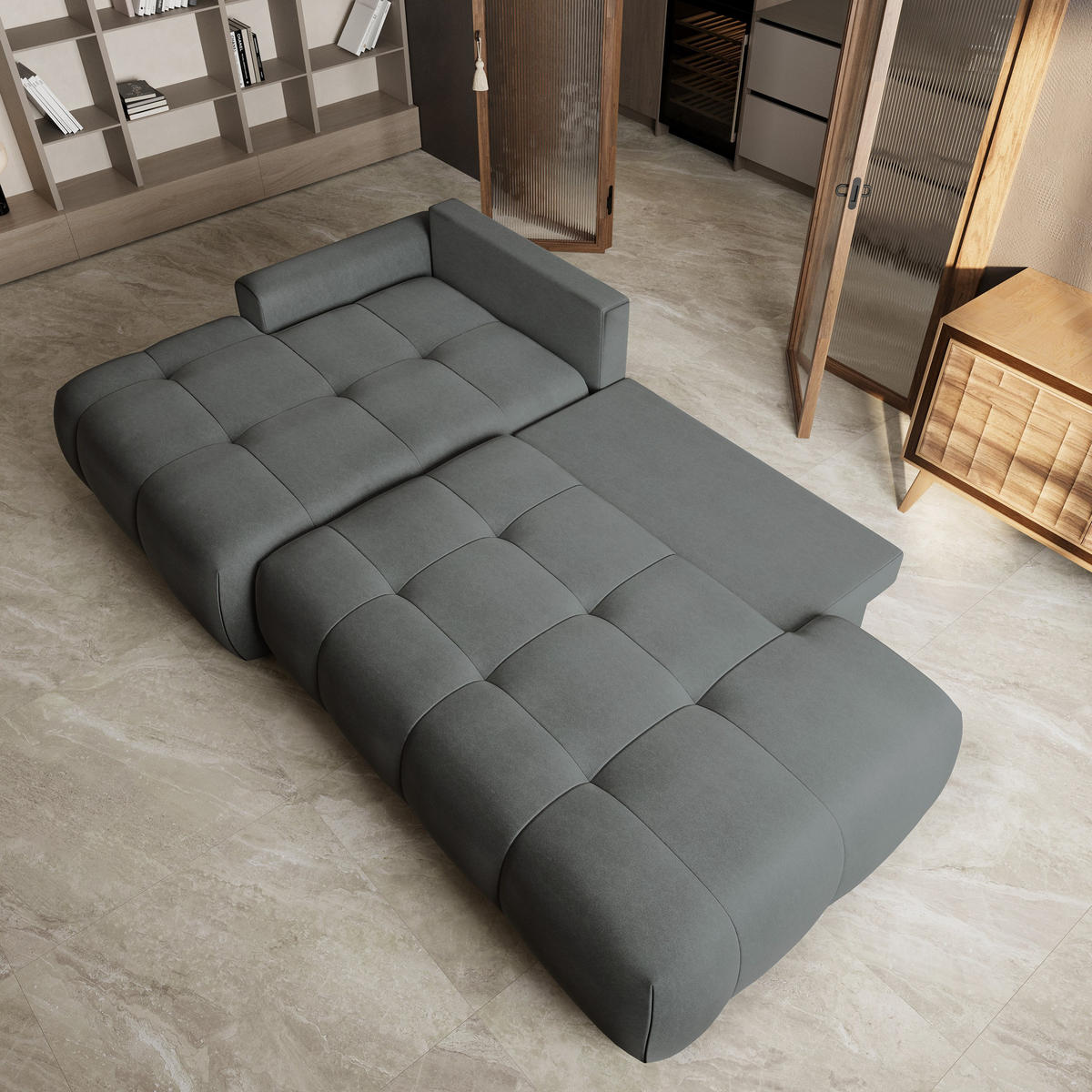 ECKSOFA FLUMA CL L-S Grau Samtstoff mit Schlaffunktion - Grau, Holzwerkstoff/Textil (279/158cm) - MASSENO