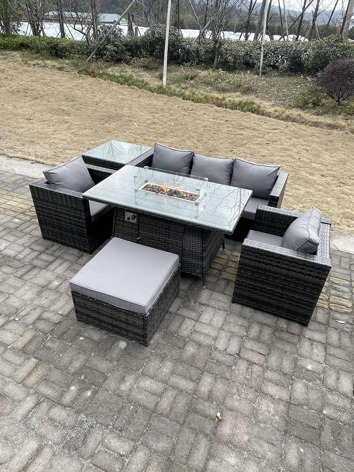 GARTENMÖBEL SET mit Sofa Polyrattan 6-Sitzer - Dunkelgrau/Grau, Glas/Kunststoff - Fimous