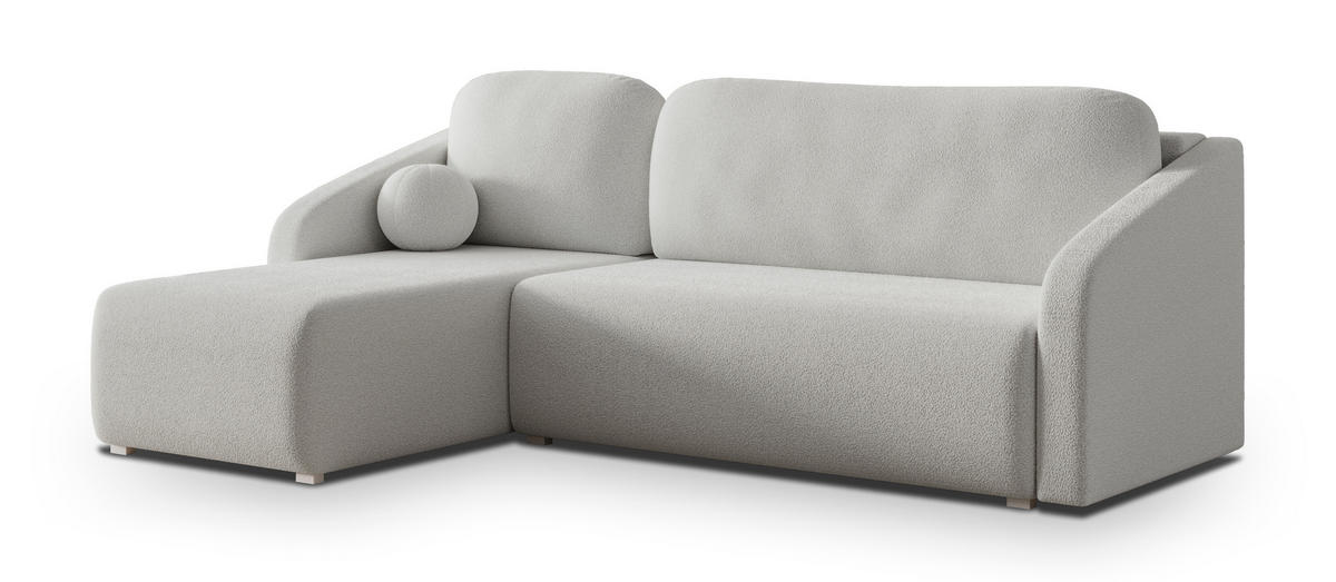 ECKSOFA MARELLO Hellgrau Boucle-Stoff mit Schlaffunktion - Hellgrau, Holz (220/143cm) - MASSENO