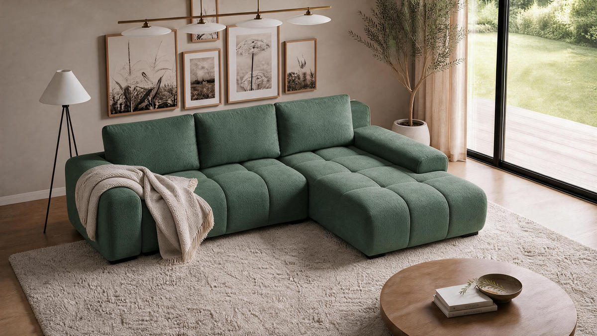 ECKSOFA Ovia mit Bettkasten und Schlaffunktion, Bouclé-Stoff in L-Form - Grün, Textil (270/185cm)