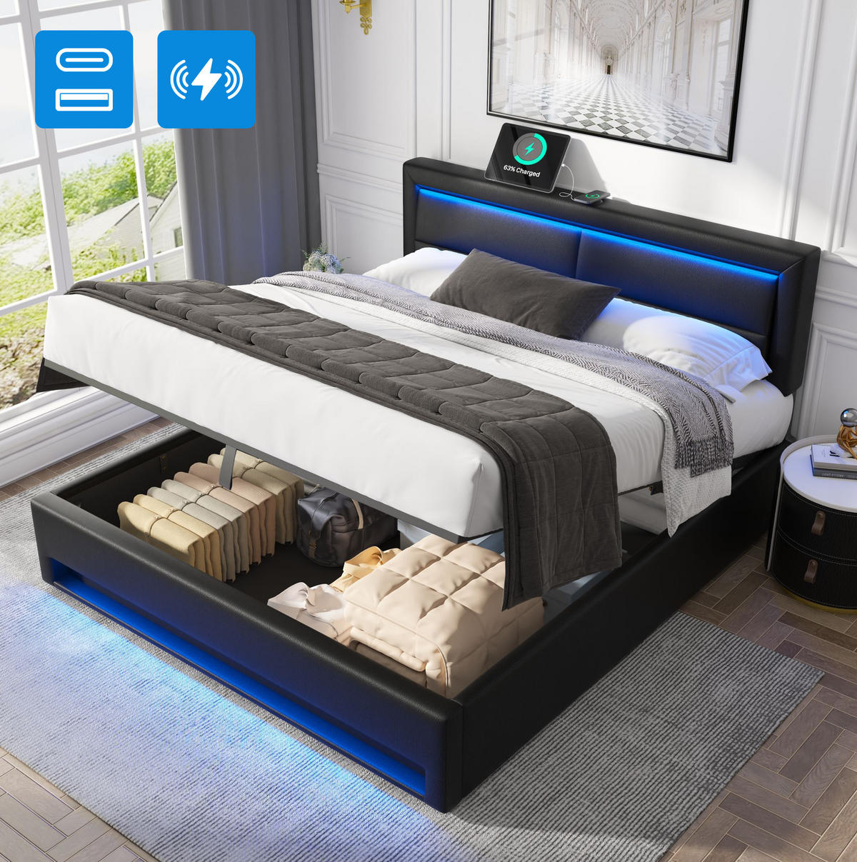 POLSTERBETT 140/200 cm Schwarz aus PU mit LED-Beleuchtung und Stauraum - Schwarz, Kunststoff (140/200cm) - OKMYHOME