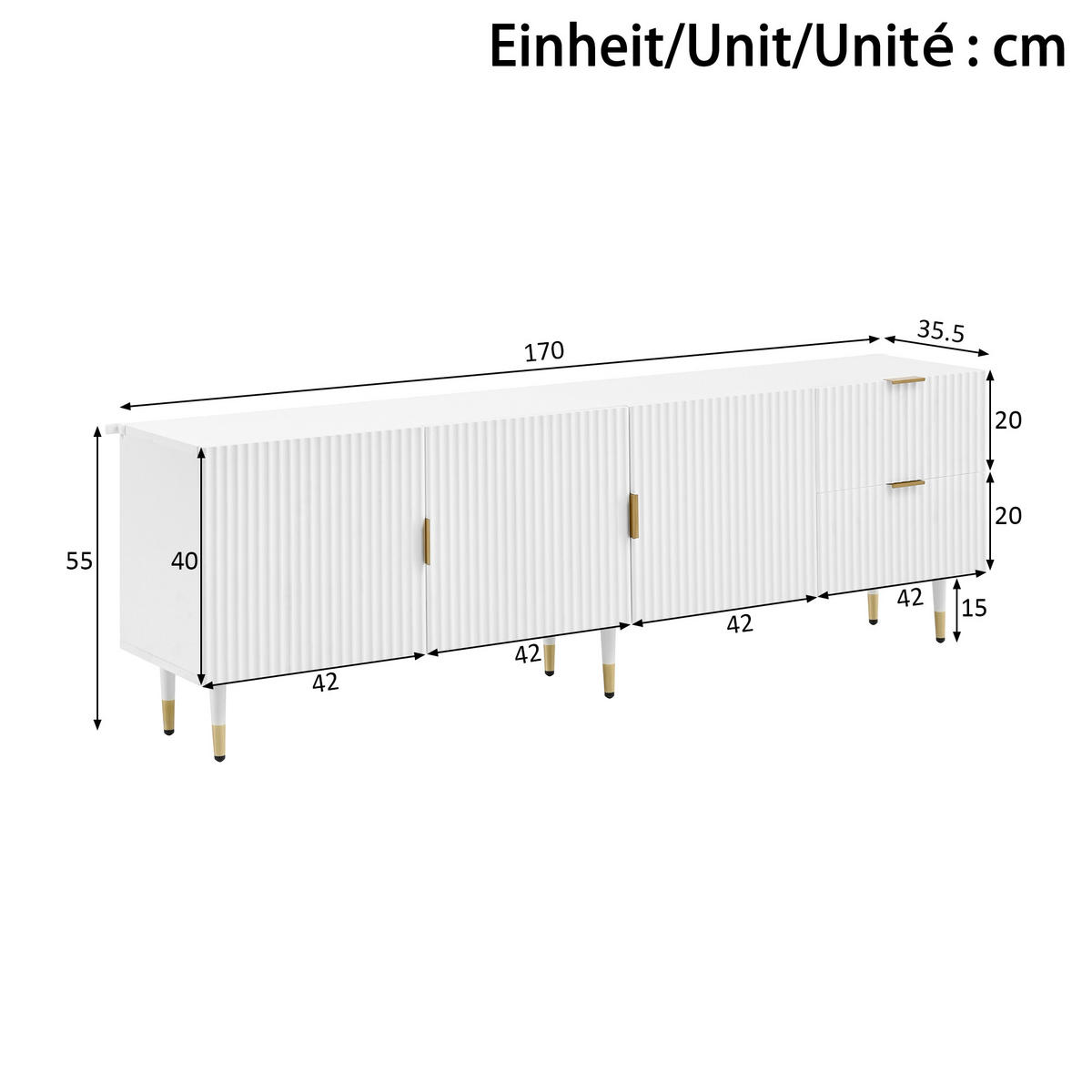 LOWBOARD DE-40124 mit goldenen Griffen und goldenen Beinen Weiß - Weiß, Holzwerkstoff (170/55/35.5cm) - ComfortXL