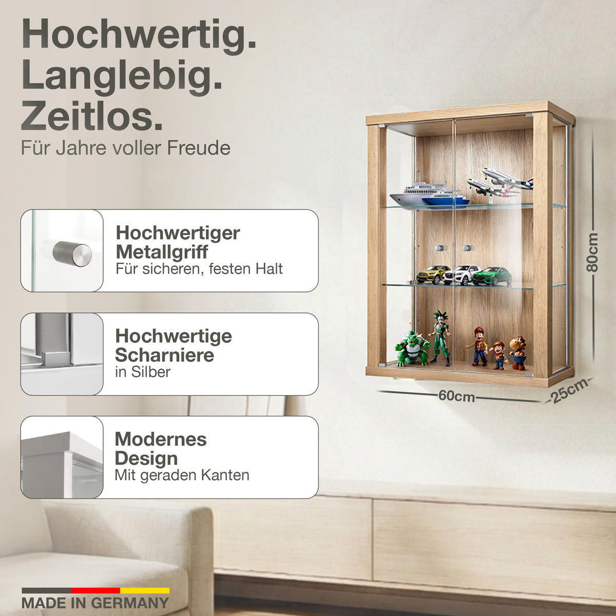 HÄNGEVITRINE 25/60/80 cm mit 2 höhenverstellbaren Glasböden - Transparent/Silberfarben, Glas/Holzwerkstoff (60/80/25cm) - K-Möbel