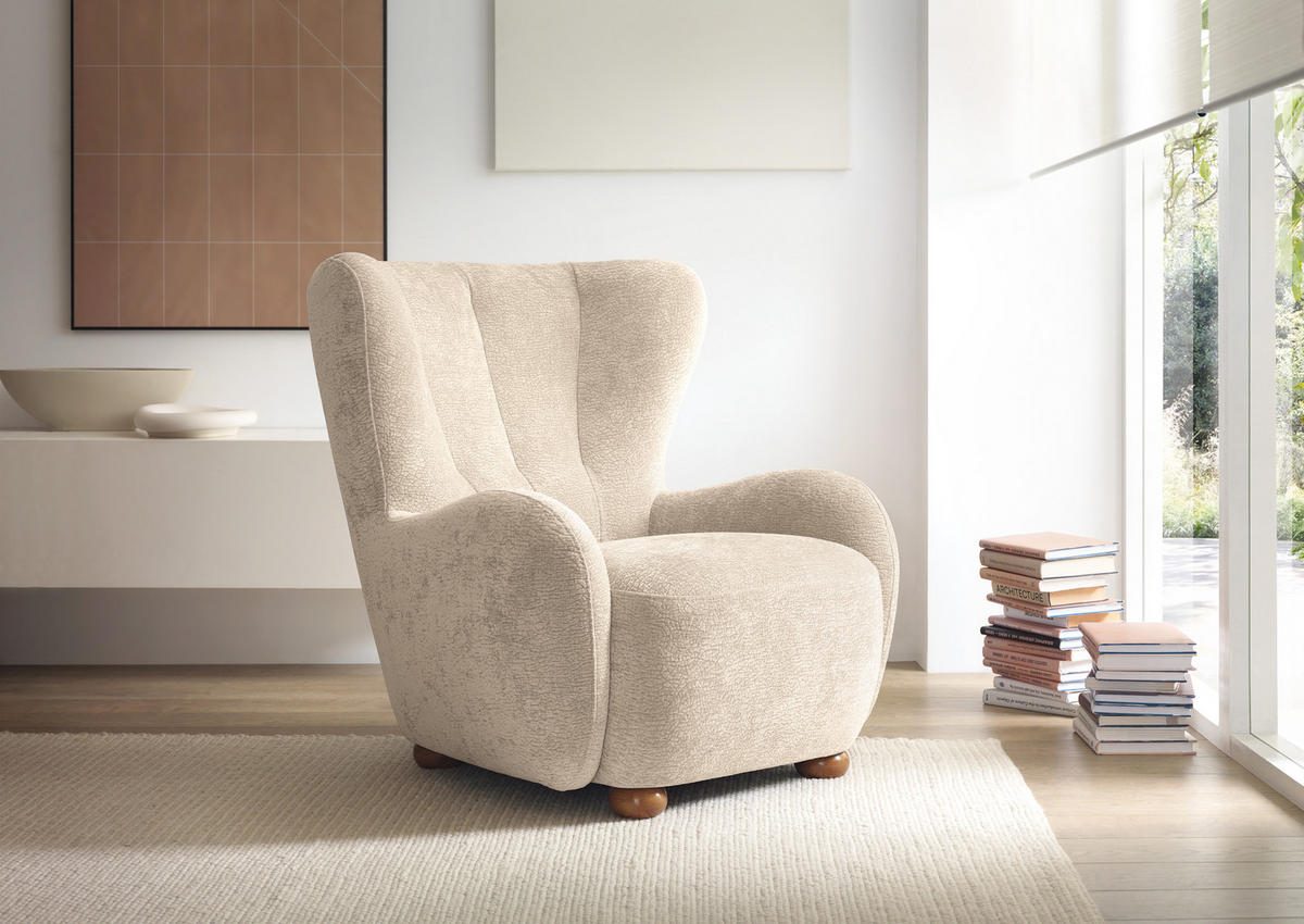 SESSEL MIST, Polstersessel Klassisch Loungesessel, Chenille-Stoff Beige - Beige, Holz/Holzwerkstoff (88/91/100cm) - MASSENO