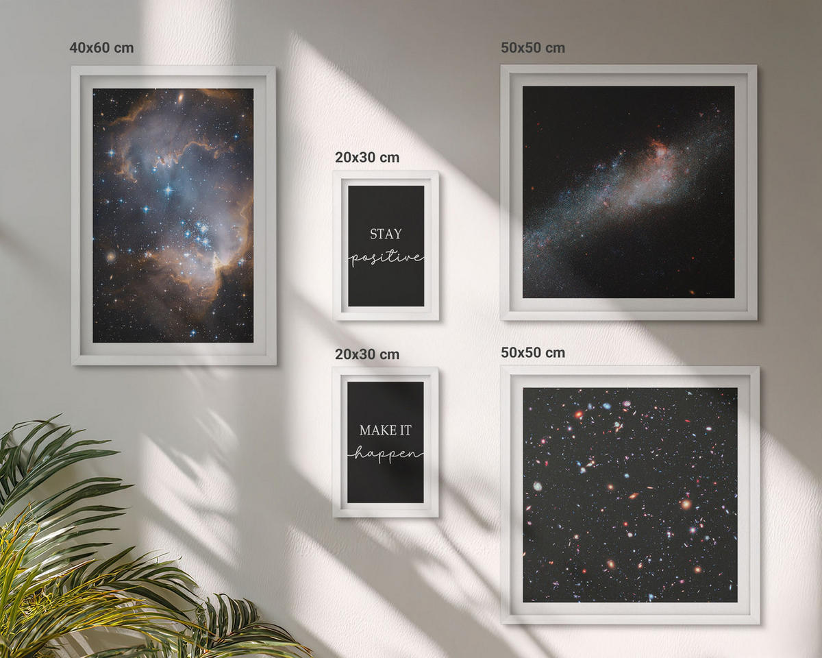 WANDBILDER 5er-Set - 50x50 cm & 20x30 cm & 40x60 cm Weißer Rahmen - Motivationsslogans Sterne Weltraum - Weiß, Kunststoff (40/60cm) - ArtPrintCave