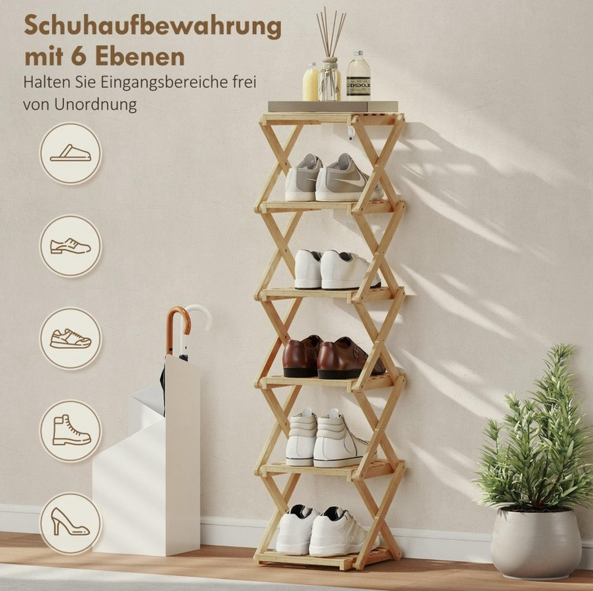 SCHUHREGAL 30/29/108 cm aus Bambus klappbar mit 6 Ebenen - Naturfarben, Naturmaterialien (30/108/29cm) - Flora Grace