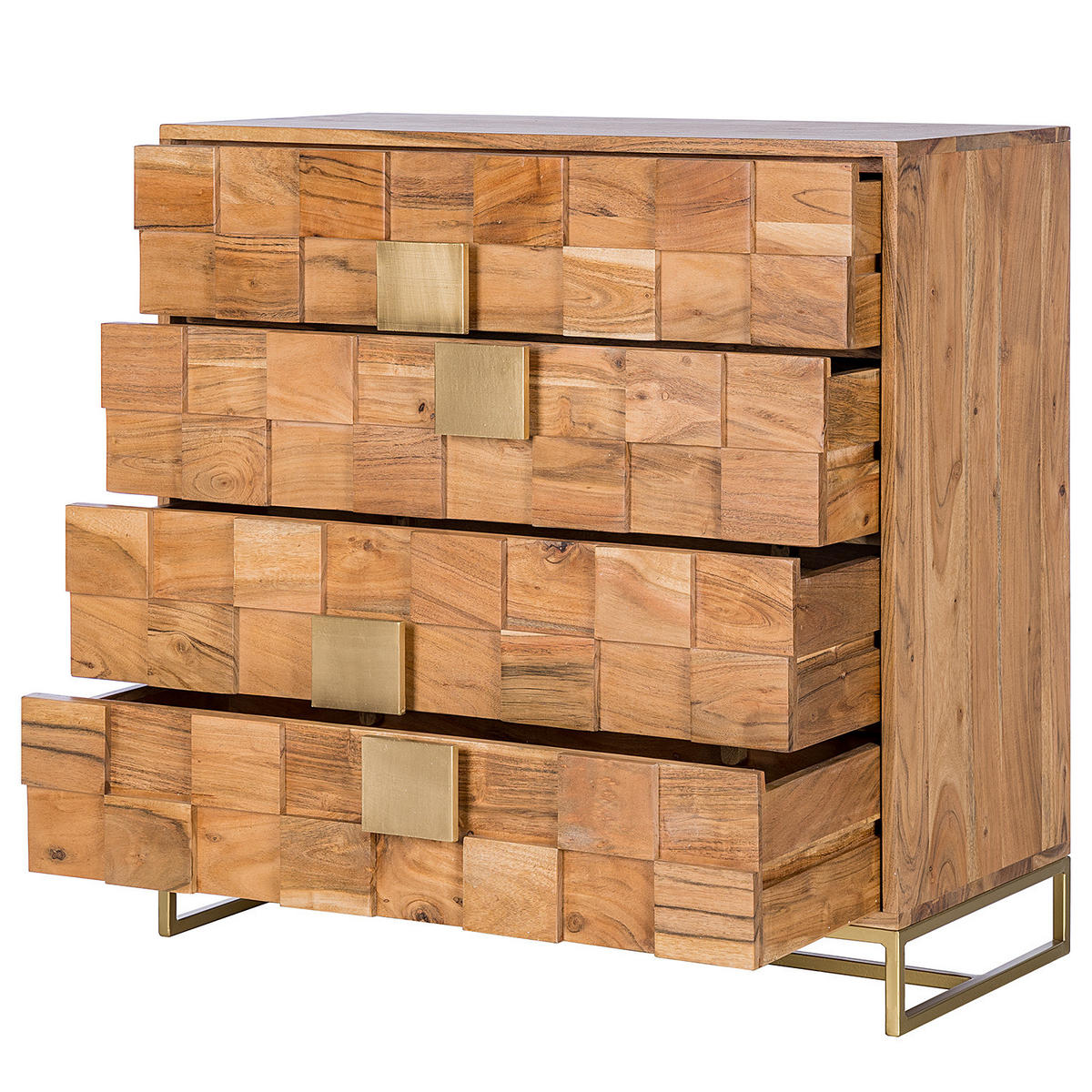 KOMMODE mit 4 Schubladen - Akazie massiv / Eisen - Goldfarben/Akaziefarben, Holz/Metall (85/85/40cm) - home24