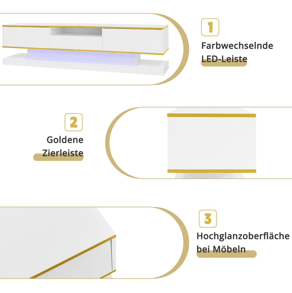 TV-LOWBOARD 180/38/45 cm mit 3 Schubladen, Hochglanz, App-gesteuerter LED-Beleuchtung und Dekorleisten, Weiß/Gold - Weiß, Holzwerkstoff (180/45/38cm) - Redom