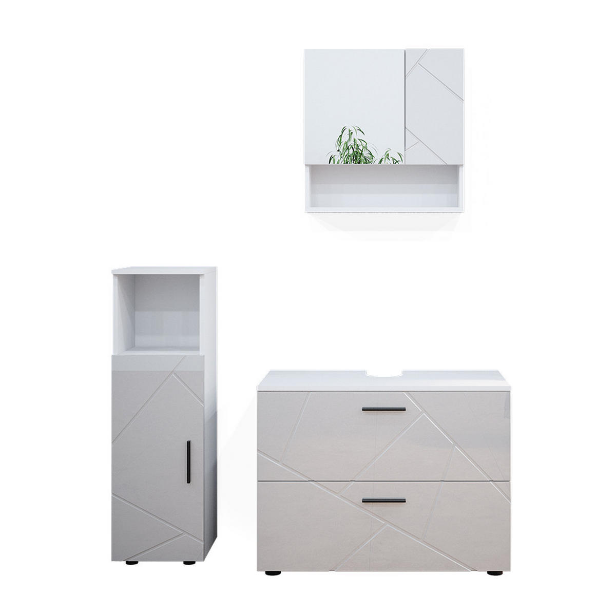 BADMÖBEL-SET Irma Weiß Hochglanz 3 Teile, mit Midischrank - Weiß Hochglanz/Weiß, Holzwerkstoff (80/58.6/41cm) - Vicco