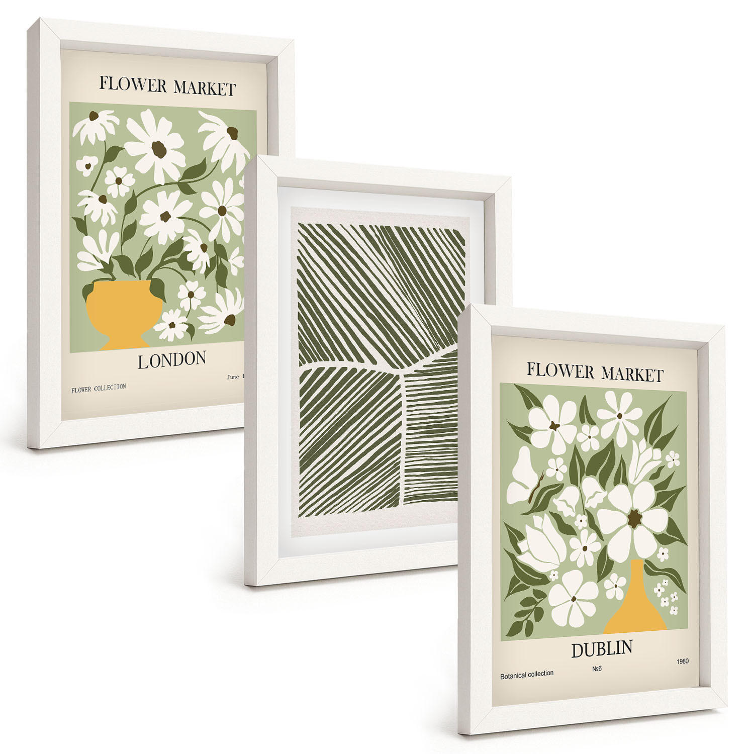 BILDER SET 3er Set - 20x30 cm Weißer Rahmen - Blumenmuster London Dublin - Weiß, Kunststoff (20/30cm) - TULUP