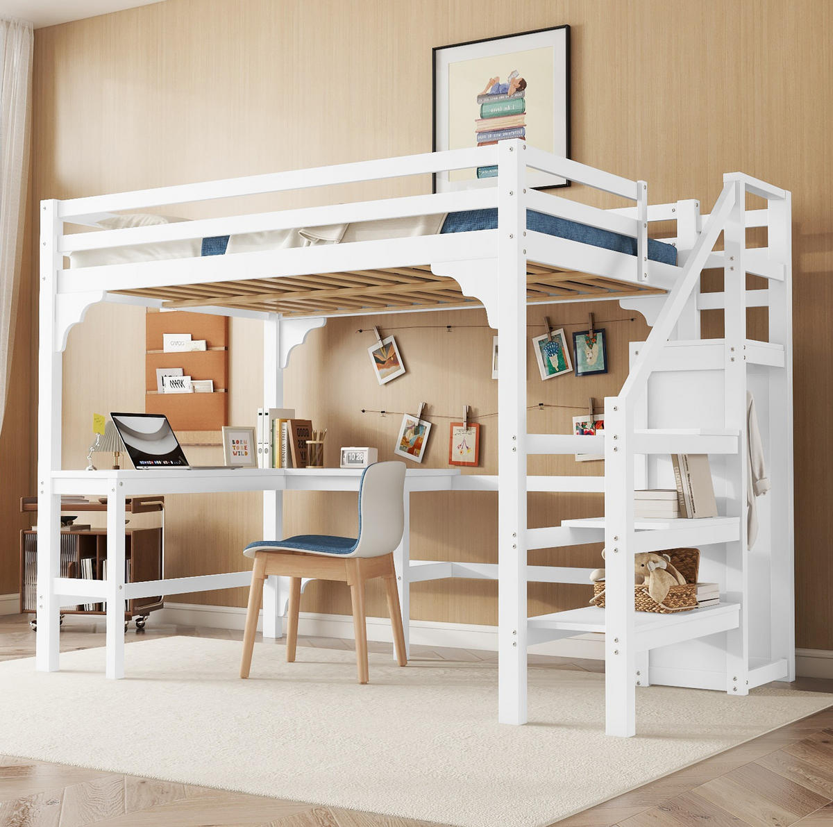 HOCHBETT aus Kiefernholz und MDF 140x200 cm Weiß mit L-förmigem Schreibtisch, offenem Kleiderschrank und Stauraumtreppe - Weiß, Holzwerkstoff (90/200cm) - Modfu