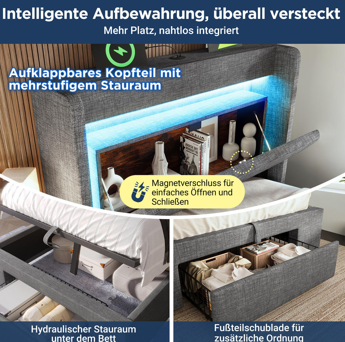 POLSTERBETT 90/200 cm Grau aus Leinen mit Stauraum, LED und USB- & Type-C-Anschlüssen - Grau, Textil (90/200cm) - Flora Grace