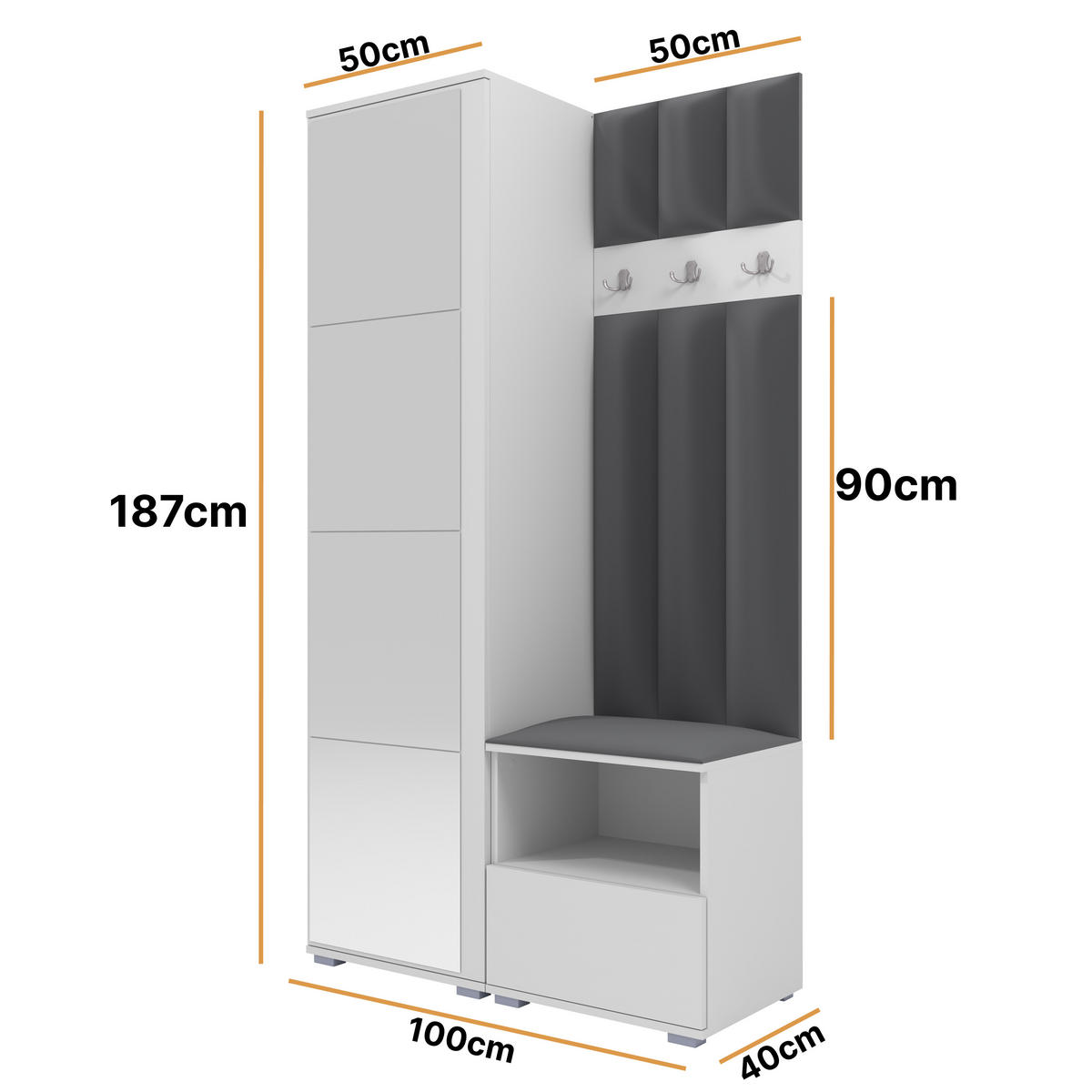 GEPOLSTERT Garderoben-Set Nela I LUX (Spiegel – Farbe Weiß + Stoff Trinity 15) - Dunkelgrau/Silberfarben, Holz/Holzwerkstoff (100/187/40cm) - Ravio