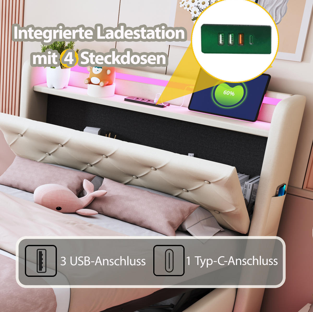 KINDERBETT 90/200 cm in Beige mit LED, USB und hydraulischem Stauraum - Beige, Textil (90/200cm) - BEAOK