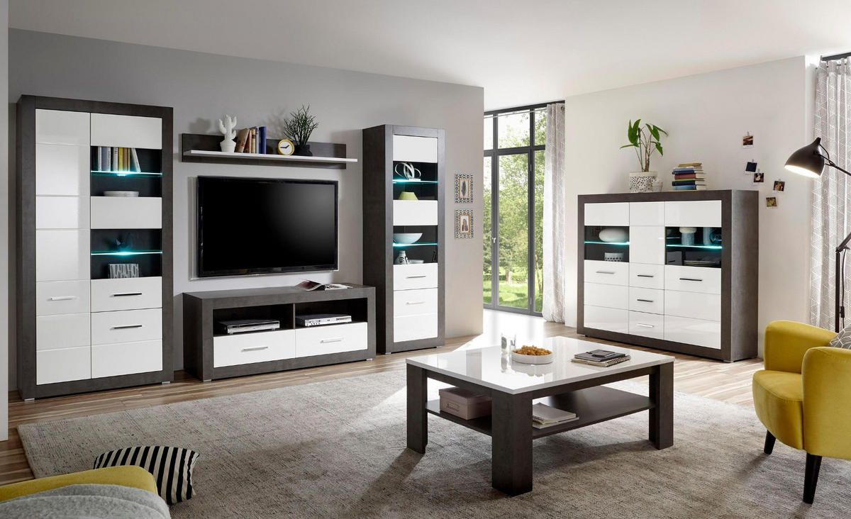 WOHNWAND weiß Hochglanz, grau Stone 4-teilig 335 x 198 cm, Wohnkombination modernes Design - Chromfarben/Weiß Hochglanz, Glas/Holzwerkstoff (335/198/45cm) - Furn.Design