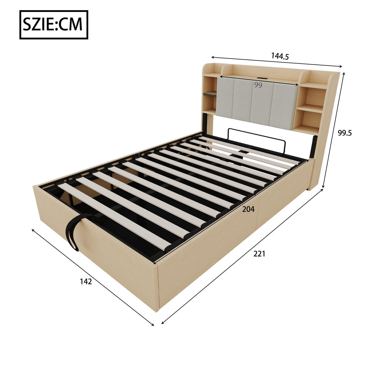 STAURAUMBETT 140/200 cm DE-01429, in Holzfarbe, mit Hydraulik und USB-C - Naturfarben, Holzwerkstoff (140/200cm) - ComfortXL