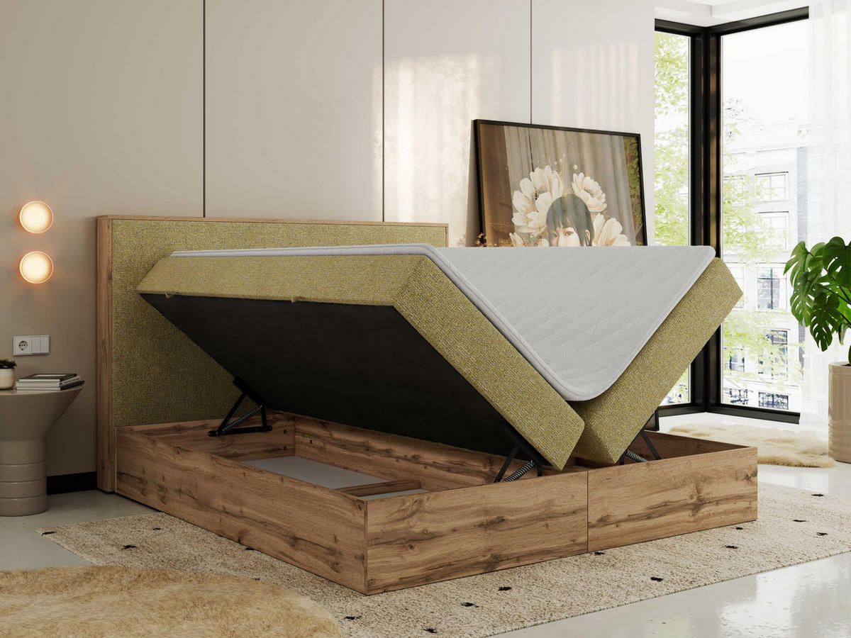 BOXBETT WOOD CLASSIC 140/200 - Gelb Strukture - H4 - Gelb, Textil (140/200cm) - MKS