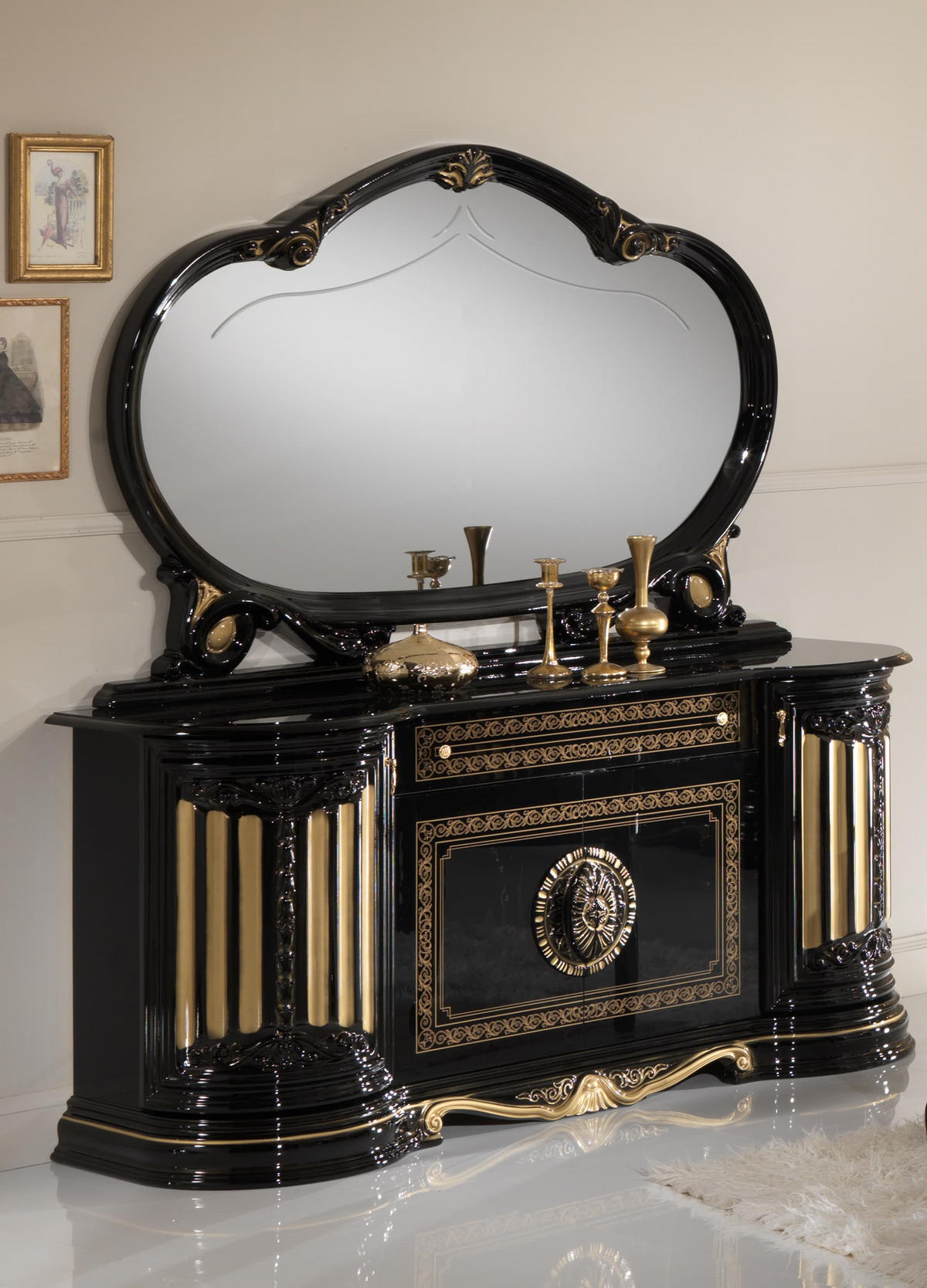 SIDEBOARD BELLA in Schwarz/Gold 4-Türig - Schwarz Hochglanz/Goldfarben, Holzwerkstoff/Metall (168/78/50cm) - Interdesign24
