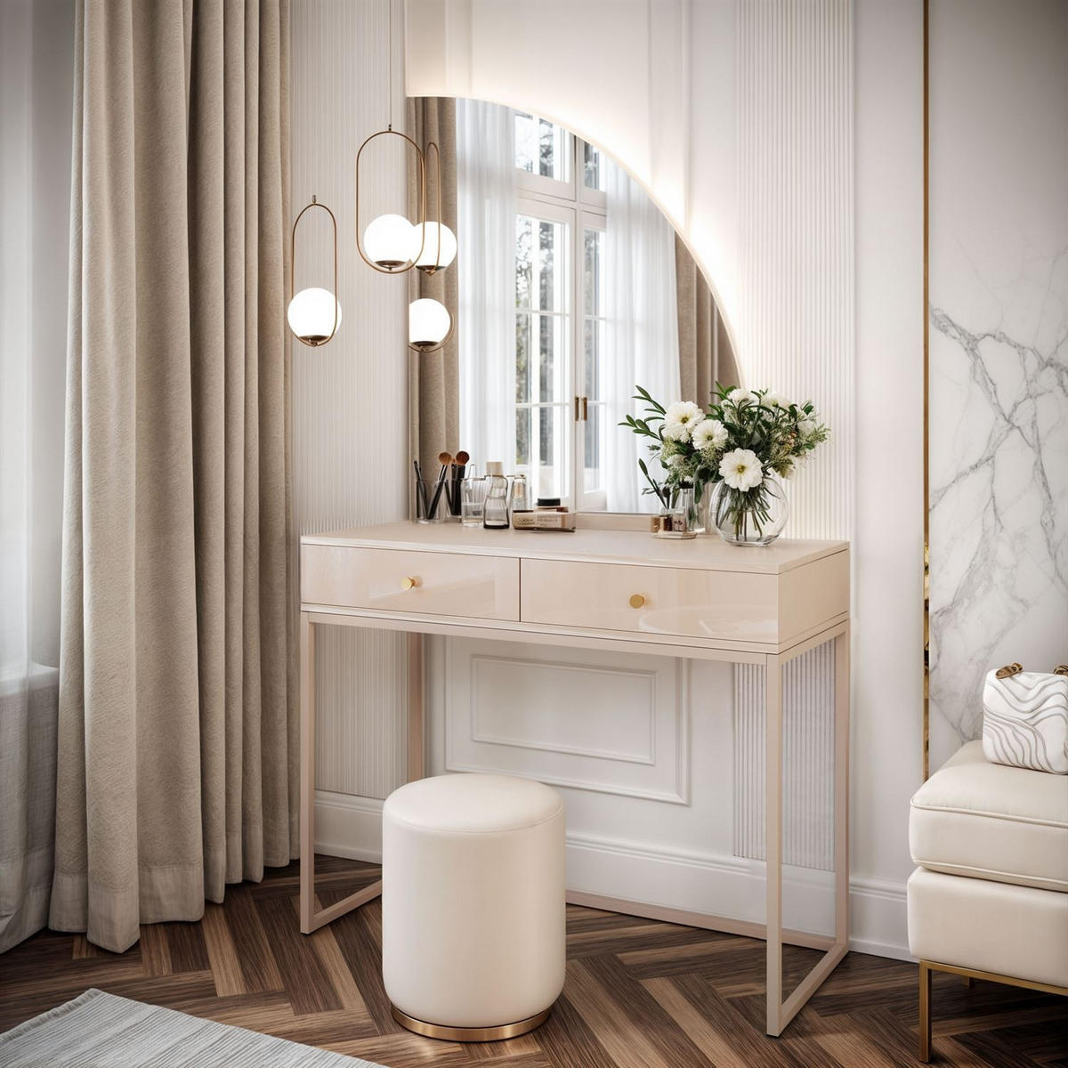 SCHMINKTISCH QUINNIE KASCHMIR mit LED-Spiegel rechts gold Griff - Kaschmir, Holzwerkstoff (100/175/42cm) - Lookway