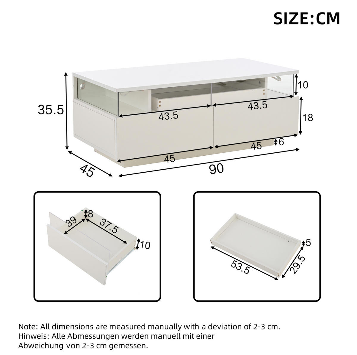 KONFERENČNÍ stolek 90/45/35,5 cm bílý z dřevotřísky s LED osvětlením a 2 zásuvkami - bílá, kompozitní dřevo (90/45/35.5cm) - OKWISH