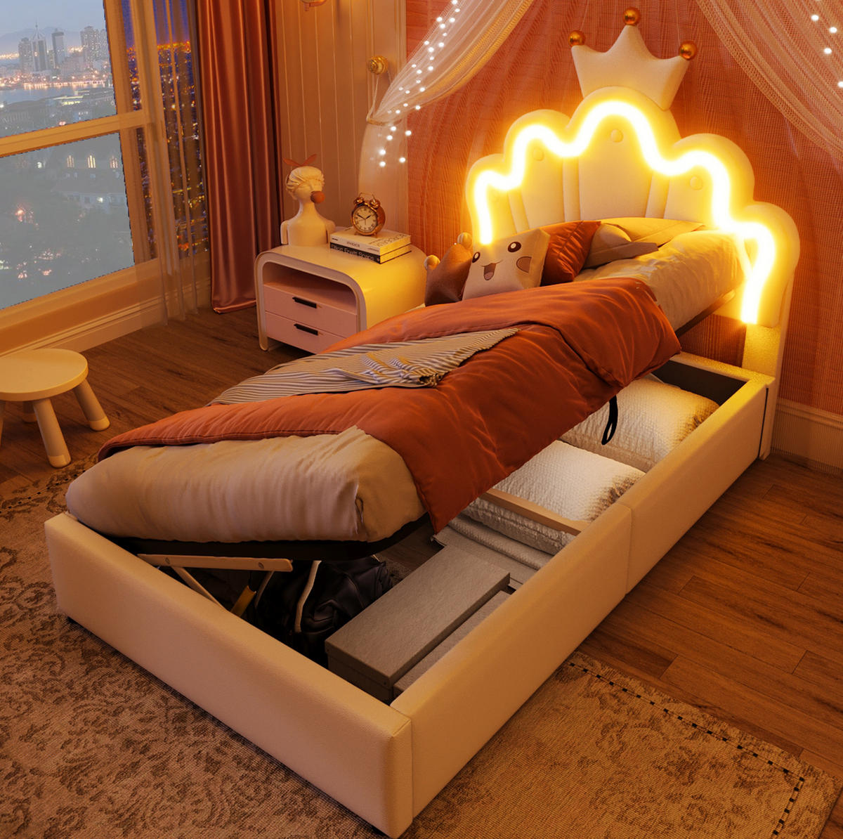 POLSTERBETT 90/200 cm Weiß aus PU mit LED-Lichtband und Stauraum - Weiß, Kunststoff (90/200cm) - OKMYHOME