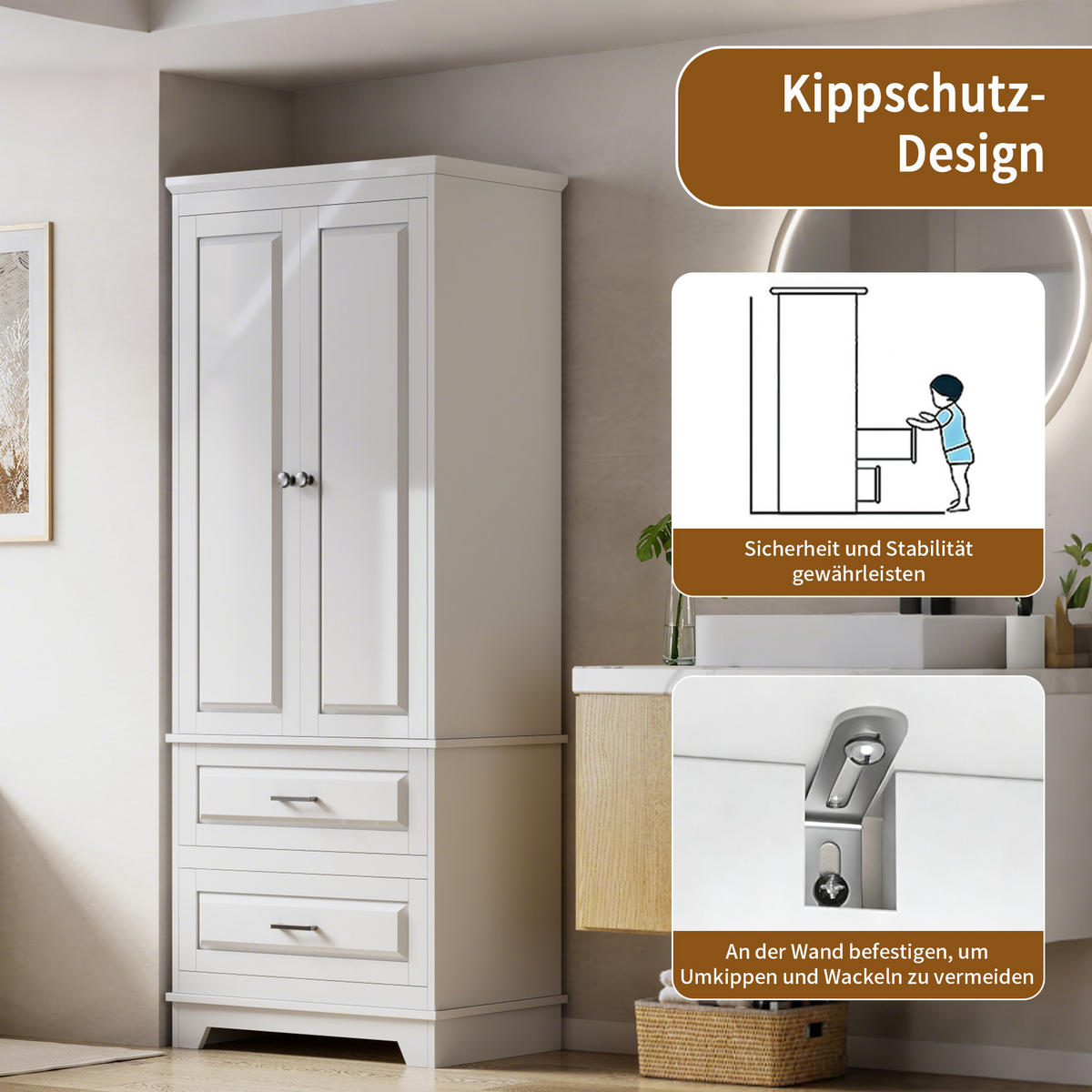 HOCHSCHRANK in Weiß 70/47/185 cm mit 2 Türen und 2 Schubladen Badezimmerschrank - Silberfarben/Weiß, Holz/Metall (47/185/70cm) - BPKADHY