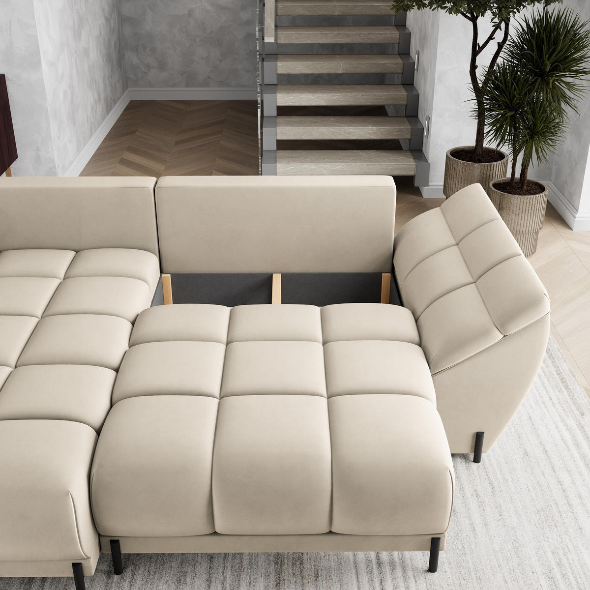 ECKSOFA VESTANO L-S Creme Velours-Stoff mit Schlaffunktion - Creme, Holz (287/182cm) - MASSENO