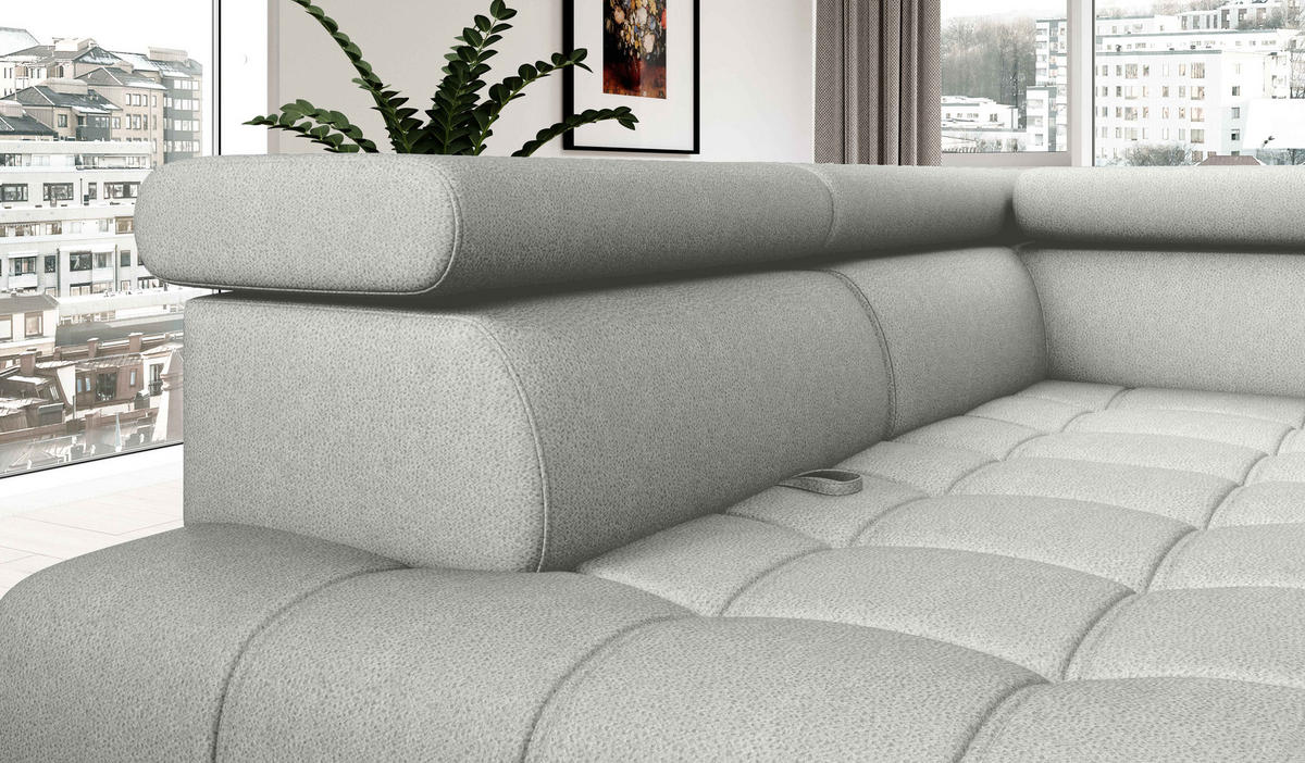 ECKSOFA BAGGIO Letto Stoff, Schlaffunktion, Bettkasten, Sitztiefe, Kopfstützen 280x196cm – Links – Esche - Silberfarben, Holz/Textil (196/280cm) - DomoHome